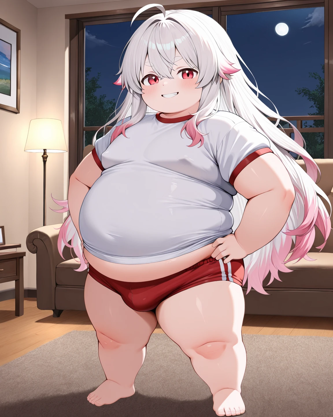 masterpiece, best quality, high quality, beautiful anime character, solo, anime girl with dark blue hair, messy hair, medium length hair, (huge long ponytail, ponytail), blue eyes, elf ears, slightly , mature female, tall female, big girl, thick, (shy, calming face, blush, light smile, loving eyes), outdoors, ((red , side-tie  bottom)), slim thick, short medium hair, short sleeves, round glasses, legs, navel, from below view, squatting, 