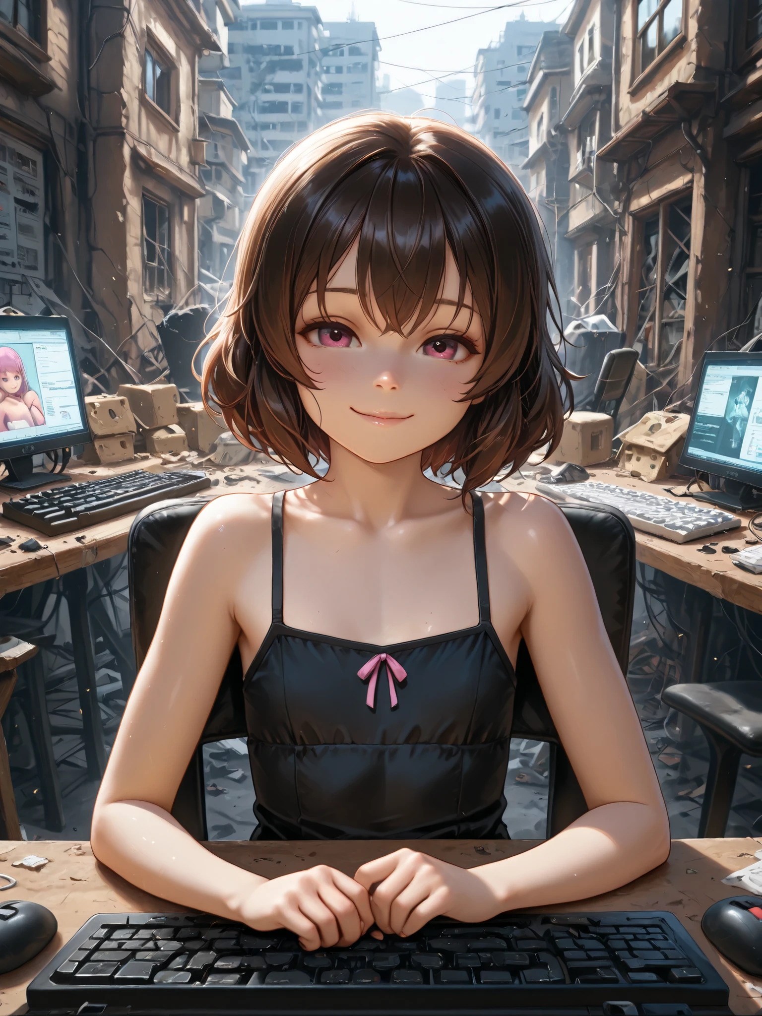 Highest Quality,masterpiece,Little girl,keyboard operation,chair in the building on the edge,Hacker Lori,with an innocent smile,the strongest network defense,Destroying,soft touch,Delicate Body Curves,Realistic Human Body,black sleeveless,