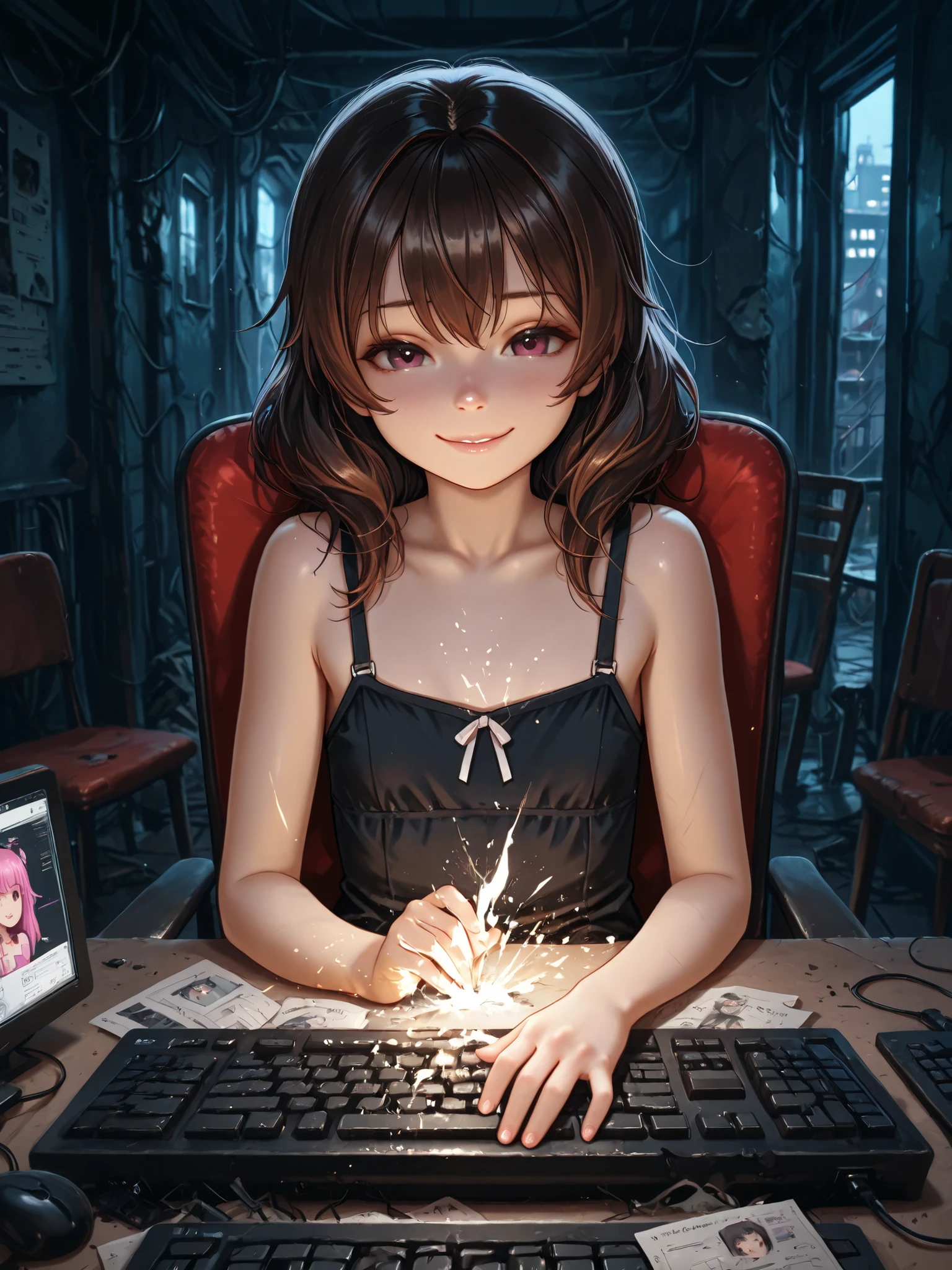 Highest Quality,masterpiece,Little girl,keyboard operation,chair in the building on the edge,Hacker Lori,with an innocent smile,the strongest network defense,Destroying,soft touch,Delicate Body Curves,Realistic Human Body,black sleeveless,dark room,