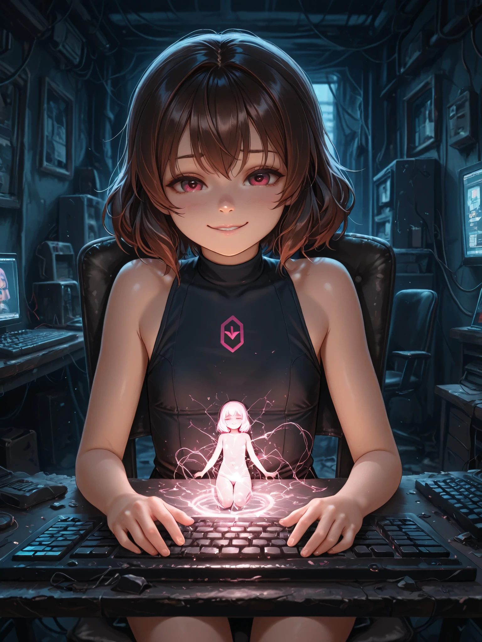 Highest Quality,masterpiece,Little girl,keyboard operation,chair in the building on the edge,Hacker Lori,with an innocent smile,the strongest network defense,Destroying,soft touch,Delicate Body Curves,Realistic Human Body,black sleeveless,dark room,