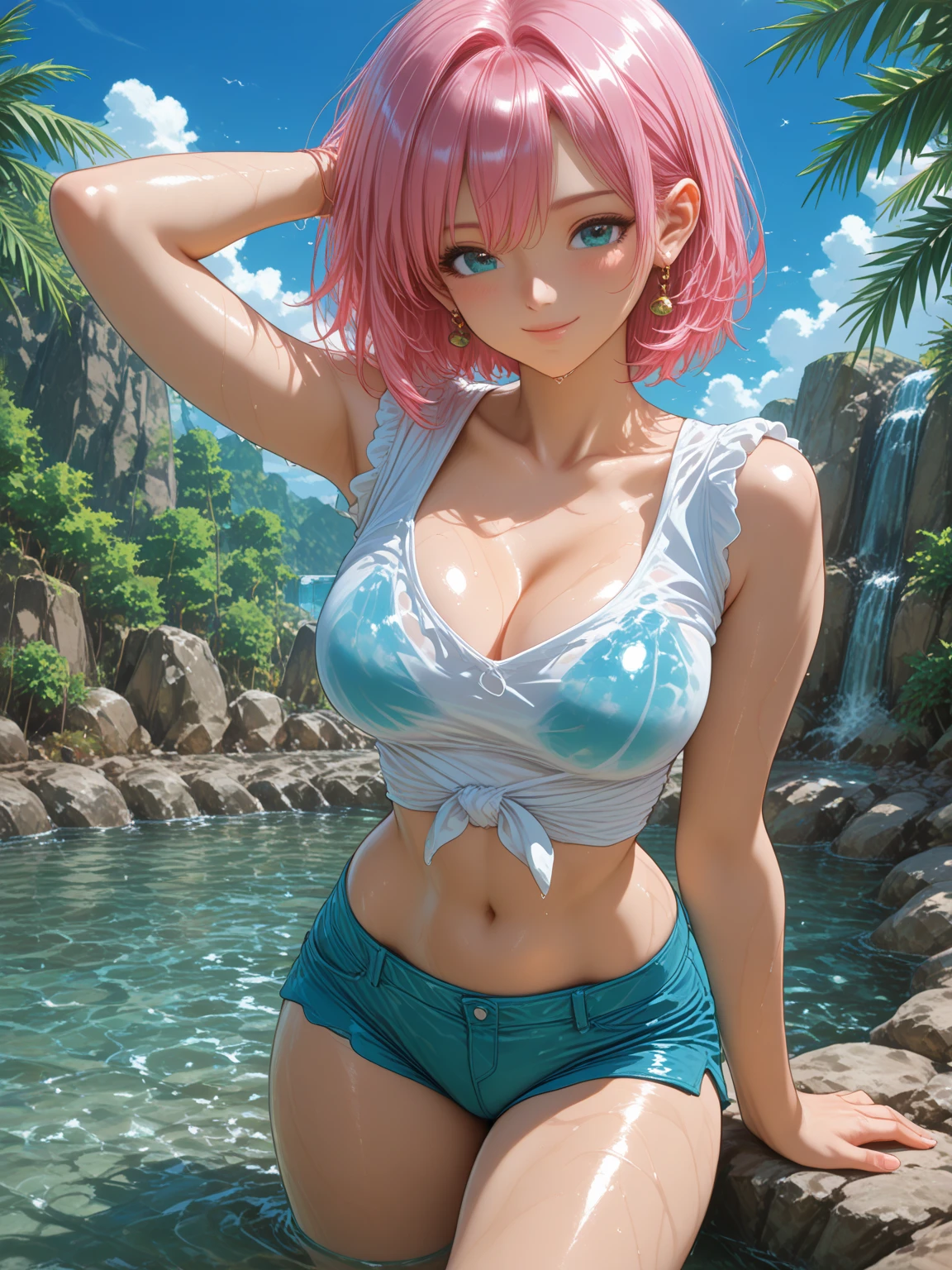 ((20year old、Italian、Beautie、Extraordinary Beauty:1.8))、(pink hair、short-hair、bob cuts、Curled Hair:1.7)、(),  , 、(Pose like a model、Fantastical、rainbows、Lots of bubbles:1.6)、(real cute ,from front,short hair,cute ,huge ,looking at viewer ,model poses、squatting、Jojos bizarre adventure:1.5)、((Background with,sunny sky、early evening、eventide、falls、Waterhole:1.5)),((smile, evil smile:1.6)), real spreadpussy,from front, Surrealism, high detail, Hyperrealism, film grain, tachi-e, parkle, UHD, masterpiece, ccurate, anatomically correct, textured skin, super detail, high details, high quality, best quality, highres, 1080P, HD, 8k,(D cup :1.8)、((Toned abs、 belly、Constricted 、cute :1.5))