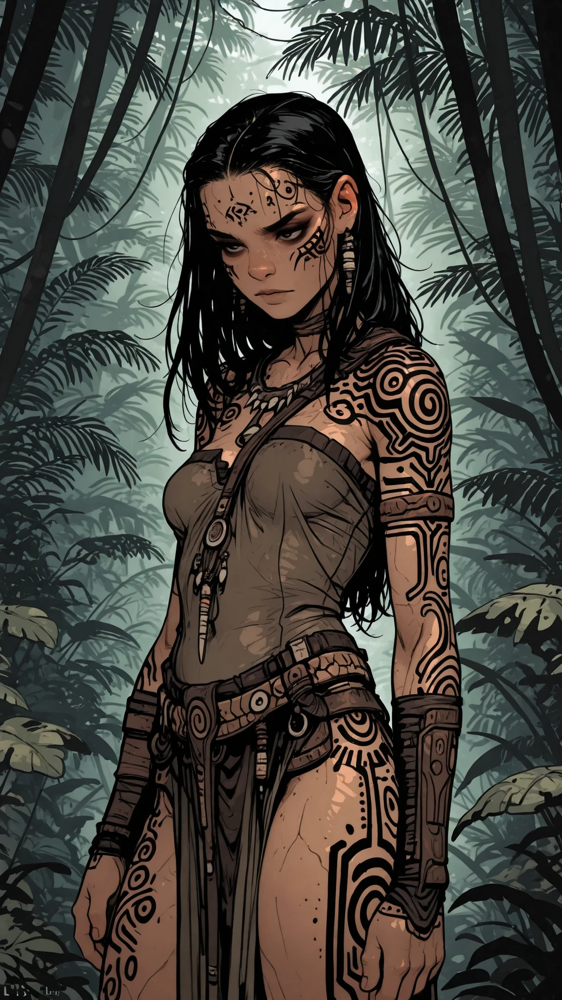 HDR, 8K, masterpiece, best quality, amazing quality, very aesthetic, realistic, newest, volumetric lighting, (flat colors:0.7), (artist:incase:0.3), (artist:tsuaii:0.3),Sinozick_illu, in the style of ckscblack hair, tribal warrior, masterpiece, jungle in the background, cowboy shot, dark fantasy, intricate, highly detailed, by luis Royo.