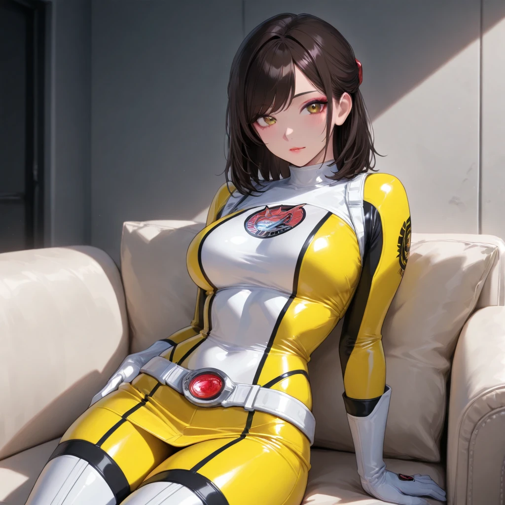 Young Asian man，Full body photo，Latex clothing，Bee set，Horizontal stripes，Long tube toe latex stockings，short detailed hair，Muscular body，Silver latex combat suit，Tight combat suit，black in color，white colors