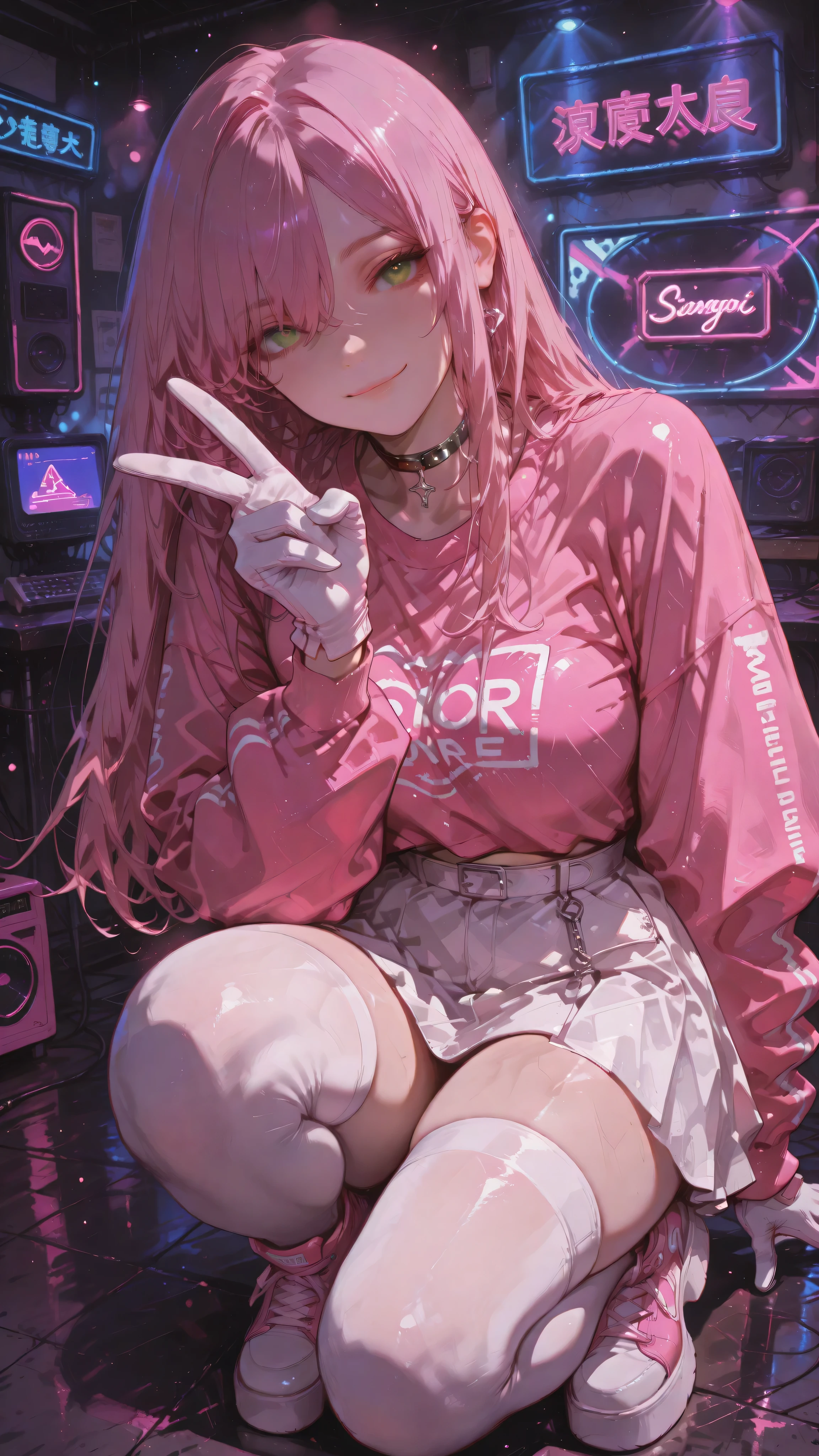 Anime girl character, long straight hair, parted hair, pink hair, green eyes, Deredere expression, big, bright eyes, gentle little smile, toned body. Wearing a pink long sleeve cropped sweatshirt, white skirt, platform sneakers, silver choker, white thigh-high stockings, white gloves. Crouching on the floor, right hand raised making peace sign, idol studio, neon lights, top to bottom angle. Anime illustration, dynamic angle, dramatic perspective, masterpiece, ultra-detailed, dynamic volumetric lighting, bokeh background, cinematic atmosphere, ultra-sharp focus, soft shadows, realistic shading, realistic anime skin texture, realistic anime fabric folds, dark ethereal style, haunting ethereal atmosphere.
