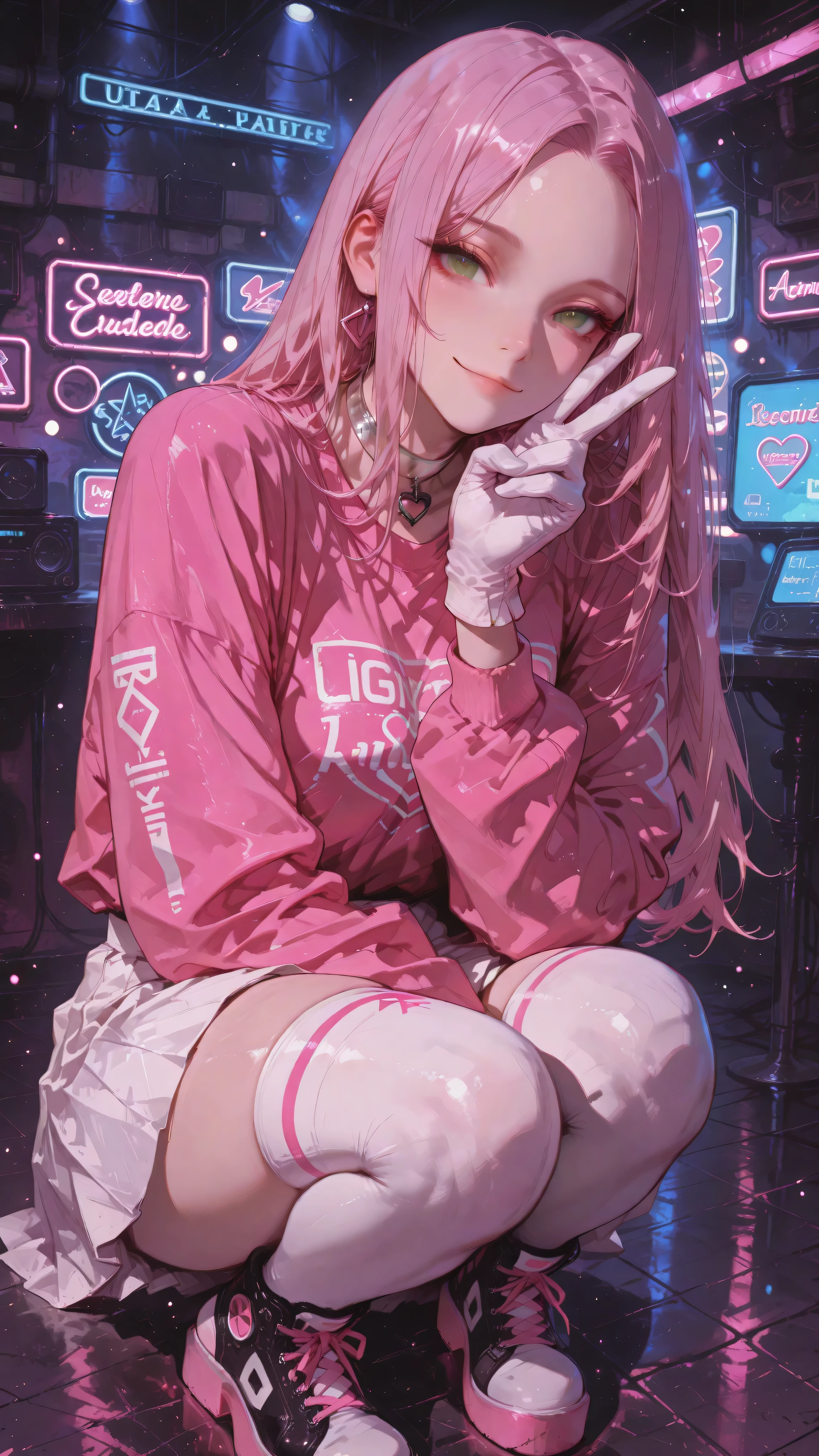 Anime girl character, long straight hair, parted hair, forehead, pink hair, green eyes, Deredere expression, big, bright eyes, gentle little smile, toned body. Wearing a pink long sleeve cropped sweatshirt, white skirt, platform sneakers, silver choker, white thigh-high stockings, white gloves. Crouching on the floor, right hand raised making peace sign, idol studio, neon lights, top to bottom angle. Anime illustration, dynamic angle, dramatic perspective, masterpiece, ultra-detailed, dynamic volumetric lighting, bokeh background, cinematic atmosphere, ultra-sharp focus, soft shadows, realistic shading, realistic anime skin texture, realistic anime fabric folds, dark ethereal style, haunting ethereal atmosphere.