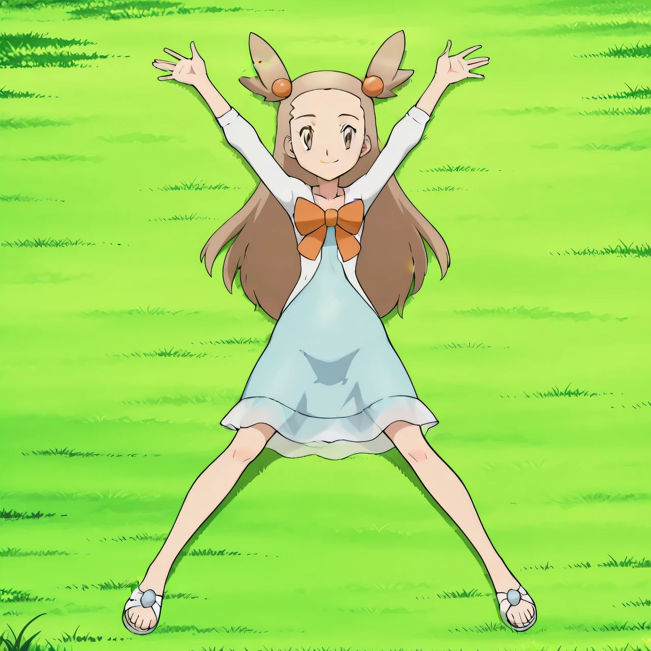 zzJasmine, brown eyes, hair bobbles, hair ornament, light brown hair, two side up, long hair, forehead, white cardigan, green dress, orange bow, sleeves past elbows, anime screencap, high quality, solo, lying, on back, arms up, spread legs, closed mouth, grass, full body, looking at viewer, overhead view, smile, best quality,