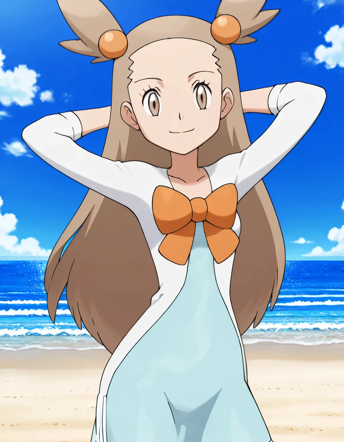 zzJasmine, brown eyes, hair bobbles, hair ornament, light brown hair, two side up, long hair, forehead,  white cardigan, green dress, orange bow, sleeves past elbows, anime screencap, high quality, solo, night sky, beach, arms behind head, ((contrapposto)), closed mouth, cowboy shot, looking at viewer, smile, best quality