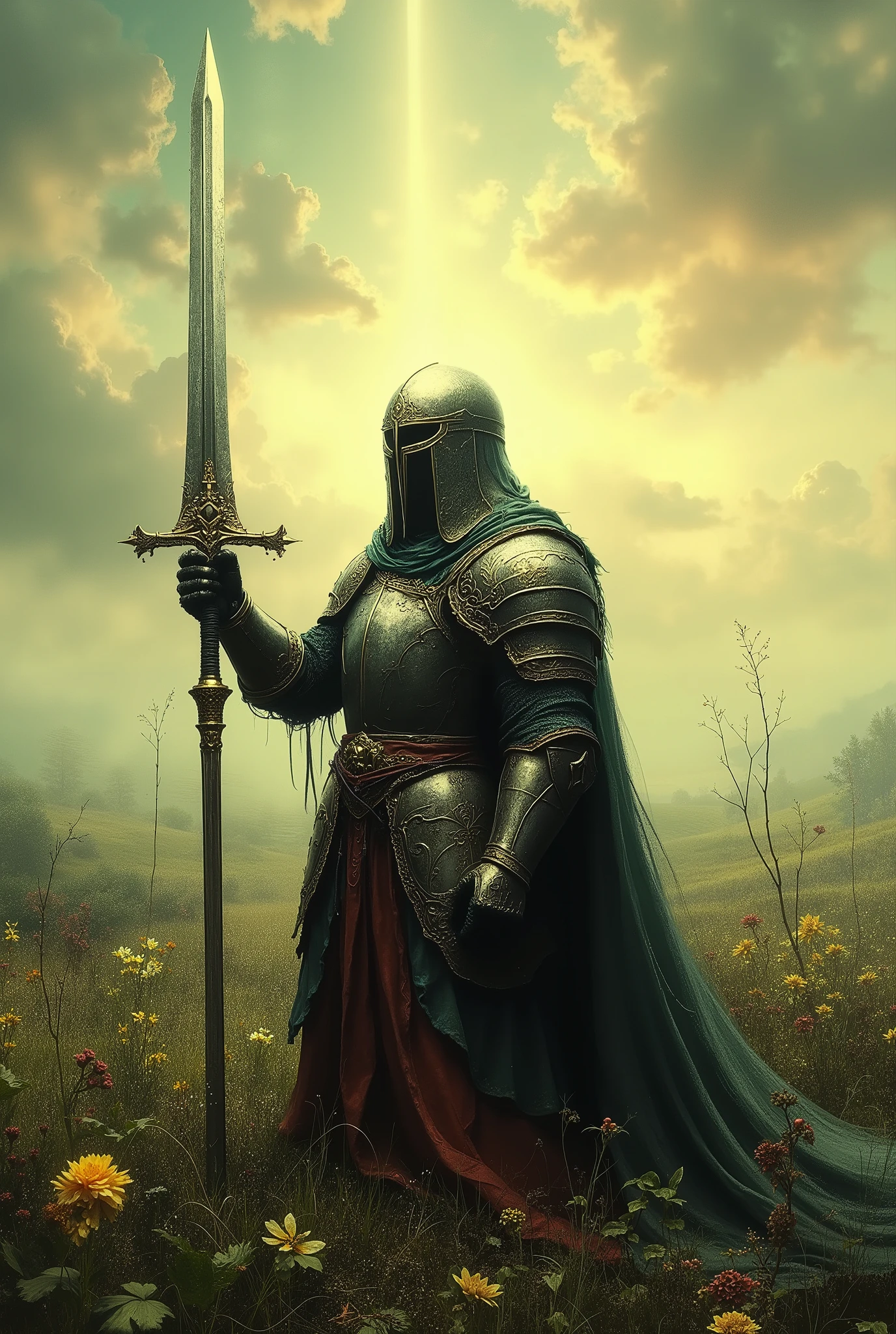 A warrior in full medieval armor, including a helmet that covers his entire face and also a large sword. with his head towards the sky as if thanking God, while surrounded by green fields and a glow in the sky.