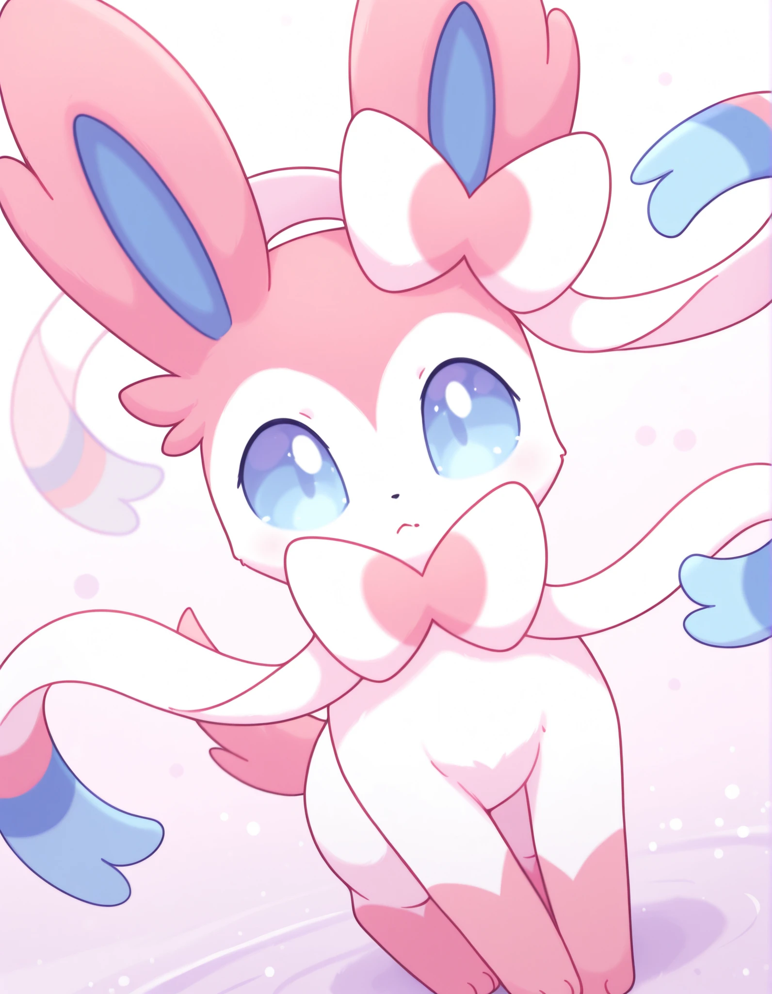 pearlykf, pokemon (creature), furry female masterpiece, highres, best quality, highly detailed, (lineless:1.2), BREAK 1girl, detailed face, cinematic angle, solo, BREAK cute, adorable, feral, petite, sylveon, pastel_colors,