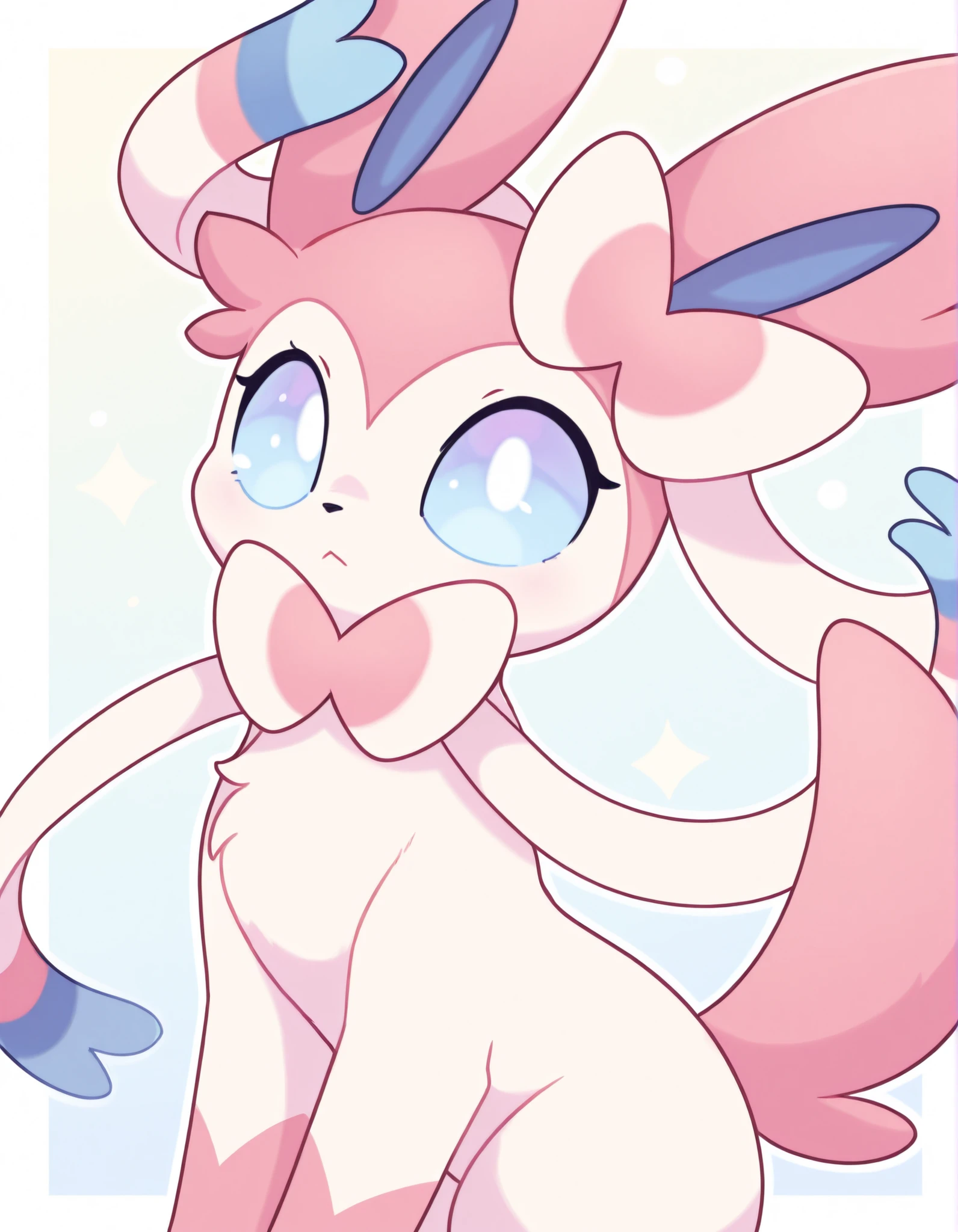 pearlykf, pokemon (creature), furry female masterpiece, highres, best quality, highly detailed, (lineless:1.2), BREAK 1girl, detailed face, cinematic angle, solo, BREAK cute, adorable, feral, petite, sylveon, pastel_colors,