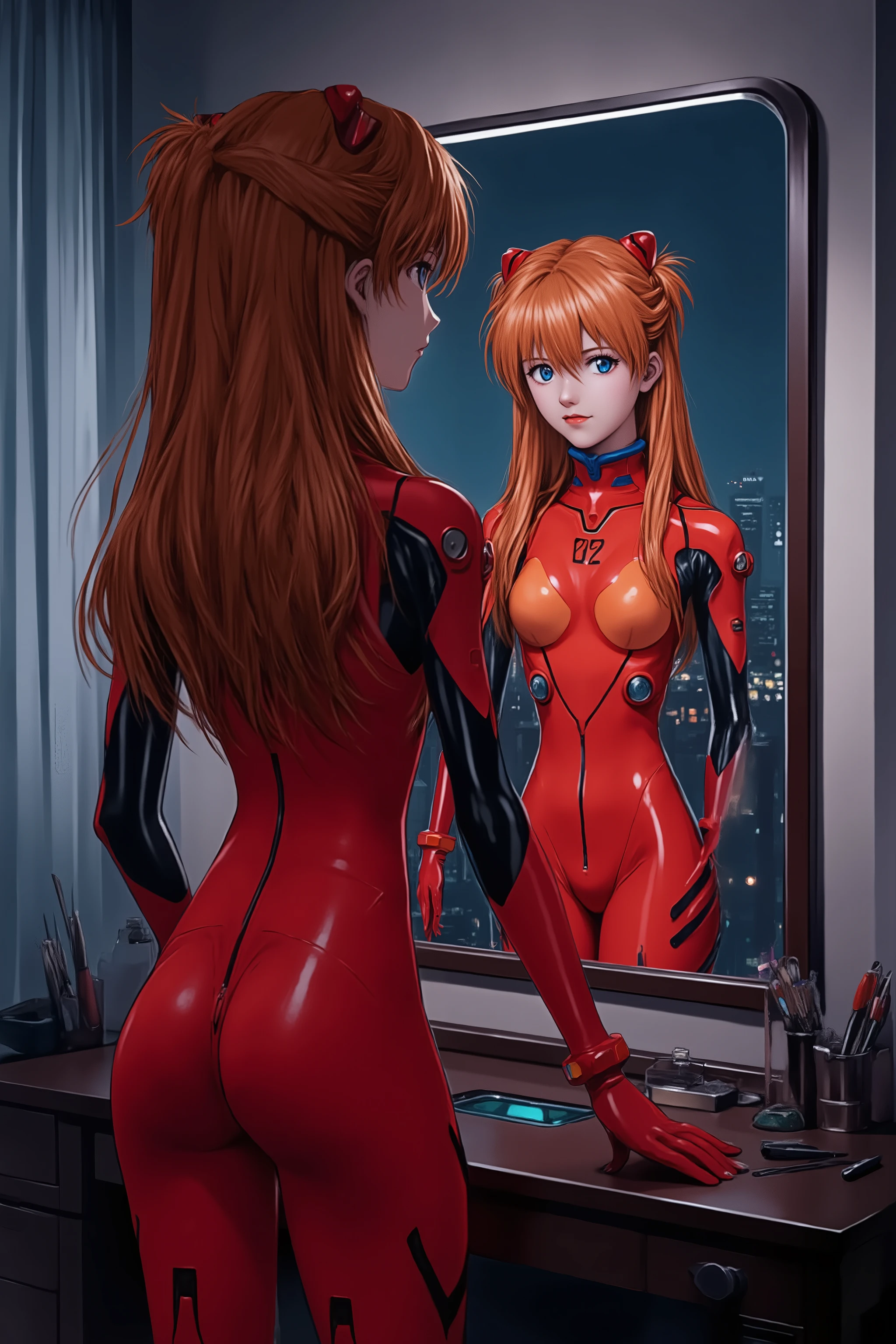 Sadamoto Yoshiyuki Style,a woman in asuka cosplay costume, she is wearing red skin tight bodysuit and plugsuit with gloves and shoes, she has long orange twintails hair with interface headset,
💋 : Asukas Flucht in die Nacht
🌟 : Ultra-realistisch, 4K, cinematisch, inspiriert von psychologischer Anime-Ästhetik mit düsterem Glanz
🌌 : Modernes Apartment mit schwachem Neonlicht durchs Fenster, Spiegel mit Make-up-Utensilien, ferne Stadtlichter, atmende Stille nach dem Einsatz
😈 : Asuka Langley, rothaarig mit intensiven blauen Augen, in einem knappen roten Partykleid, das ihre athletische Figur betont, Lippen mit rotem Lippenstift, Haar leicht zerzaust
🔥 : Sie steht vor dem Spiegel, schminkt sich mit zitternder Hand, Blick mischt Erschöpfung und Verlangen nach Nähe, innere Spannung zwischen Einsamkeit und dem Wunsch nach Ablenkung
