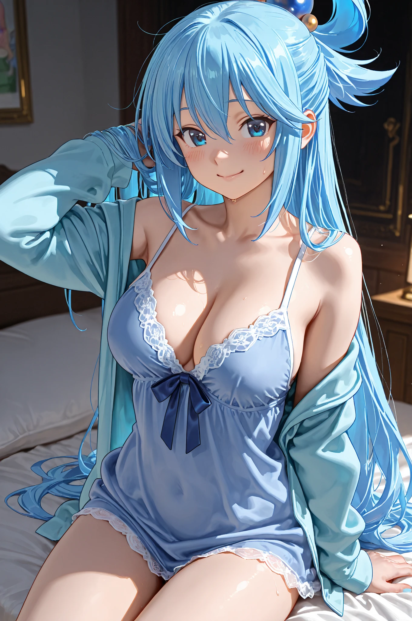 One anime girl with blue hair and blue eyes sitting on the bed, Enchanting anime girl, Beautiful and attractive anime woman, Full body shot, Nightcore, From Girls Frontline, Breasts covered and SFW, Attractive anime girl, She has big breast, Sexy smile, In a sexy pajama dress, pony tale