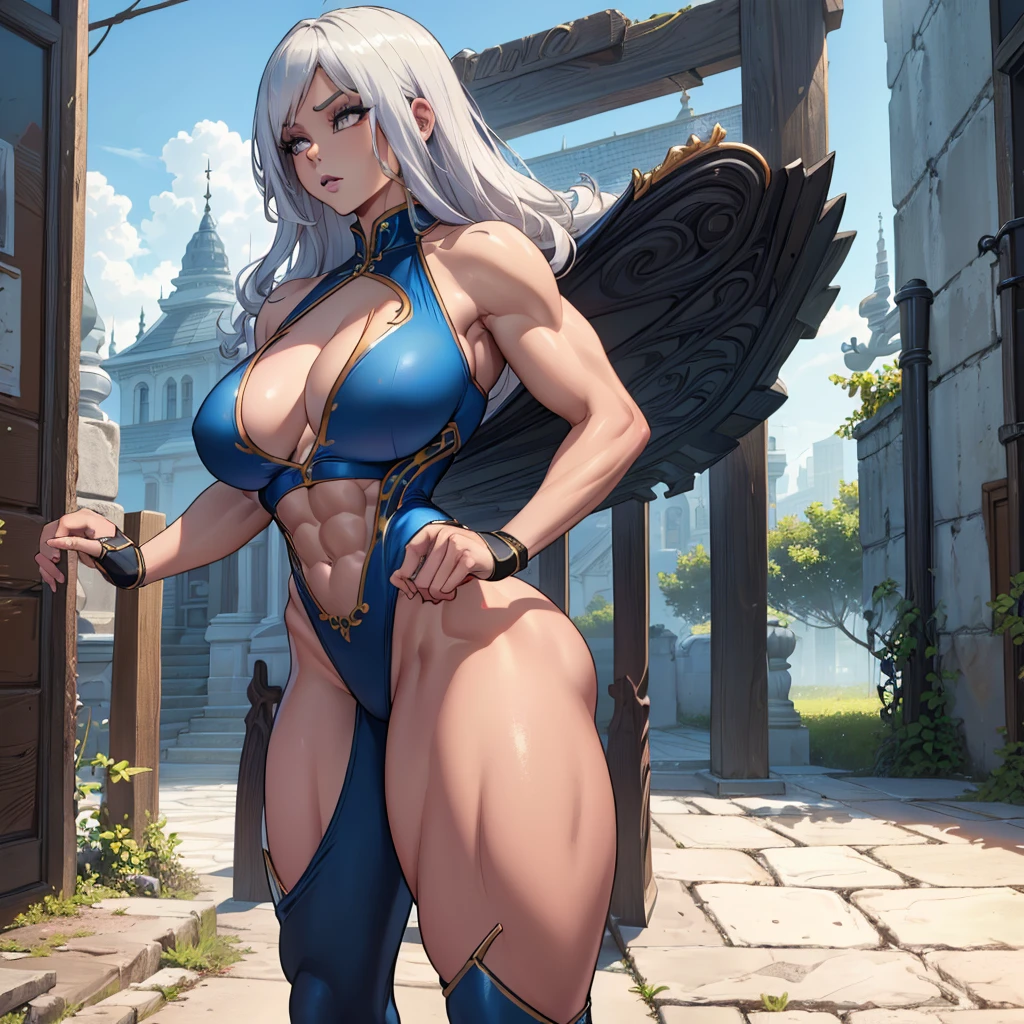 (Close view), tall, (White hair), muscular woman, long straight hair, light brown skinned, closed smile, (black lipstick), ((massive muscles)), (hyper muscle), ((ginormous bulky muscles)), ((glowing blue eyes)), (((sparkling white cheongsam dress embroidered with intricate designs))), (giant angel wings), gauntlets, choker, thigh high boots, (in the Sky)