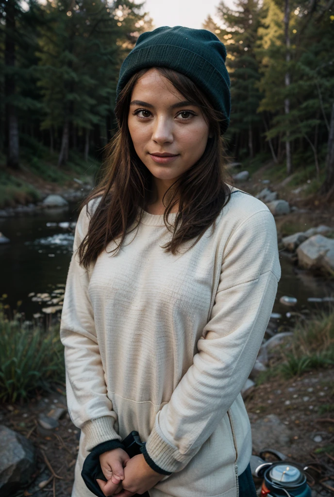 photorealistic, (best quality:1.2), (hyper detailed:1.2), beautiful woman sitting, selfie photo, short white hair, upper body, solo, wearing white pullover sweatshirt, outdoors, (sunset light), mountains, real life nature, (cheerful, happy), beanie, flashlight, forest, rocks, river, wood, smoke, fog, clear sky, analog style, looking at viewer, skin texture, film grain, close up, ultra high res, best shadow, RAW, instagram LUT