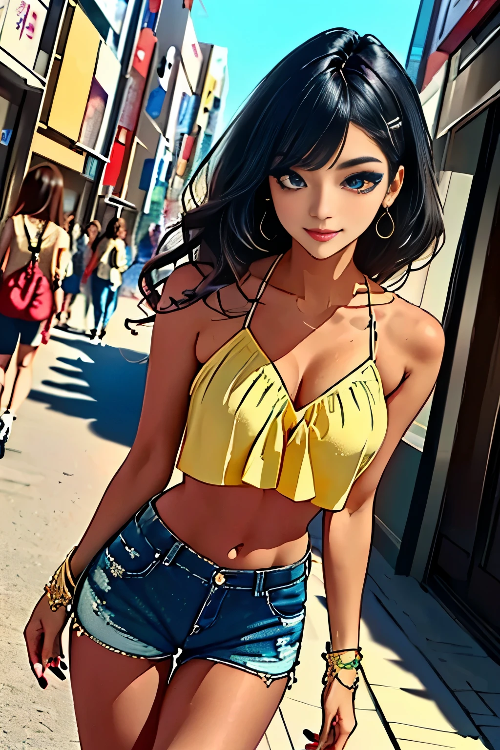 (masterpiece, best quality, high resolution, 8k:1.2), (anime coloring), highly detailed, sharp detailed, textured skin, soft lighting, ultra high definition, beautiful body, beautiful skin, beautiful , beautiful arms, beautiful hands, beautiful legs, beautiful face, beautiful eyes, symmetrical eyes, (slim, lanky), (1 girl), (Korean girl:1.2), (tanned skin:1.1), (gal makeup), (long hai, black hairr), (fingernails, nail polish), (collarbone, navel, shorts, bracelet, jewelry, boots, gal fashion, colorful clothing), (japanese city, shibuya city, day, blue sky), smile, looking at viewer, dutch angle, soft gradient eyeshadow, subtle fine shimmer, seamless blend, two-tone layered eyeshadow technique,
