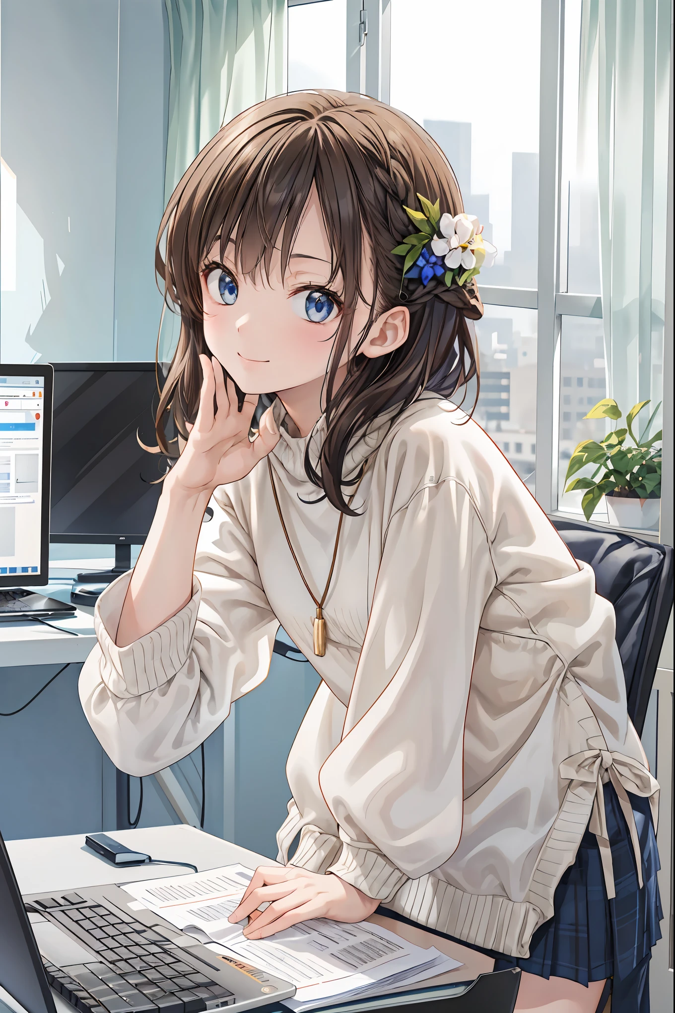 (office room:1.2),(Computers are lined up:1.2),Hacker Lori breaks even the strongest network defenses with an innocent smile,Break (masterpiece:1.2), Highest Quality, high resolution, Unity 8k Wallpaper, (shape:0.8), (Beautiful Attention to Details:1.6), highly detailed faces, perfect lighting, very detailed CG, (perfect hand, perfect anatomy), 4K quality ,Extreme Detailed Expression,Realistic Reality,Professional,Vivid Color,Bokeh,Anime Style,Portrait,CG,Magical Light,electric blue,in black and gold tones,brown hair,Blue Eyes,pretty pose,Small build,neon cyberpunk background,brown hair,Shortcut,unkempt hair,Short braided hair,Neat,slender beauty,correct posture,small breasted,Beautiful legs,Her enchanting gray-blue eyes shine like stars,Saggy Eyes,bright colors,beautiful eyes,A delicate smile,Textured Skin,best quality,gentle and beautiful woman,anime style、