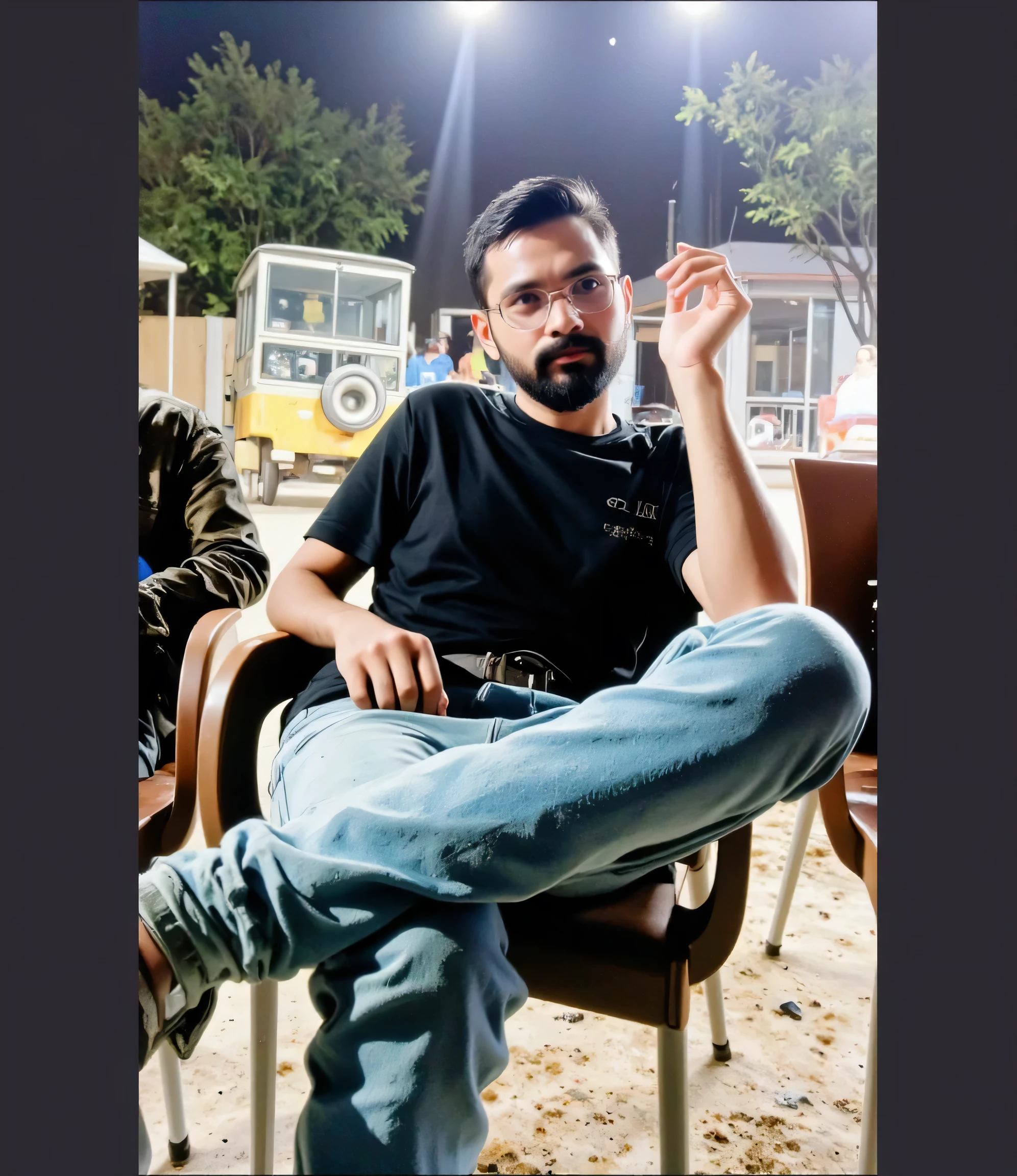 1girl, (chibi:1.4),composition from the side、a little girl wearing the calico cat Kigurumi and a big tiger with a beautiful coat、She's a young Japanese girl、a super cute Ichibi character girl, small body, is placed near the big round head, round face, round glasses、dark haired、bangs cut above her eyebrows、she's looking up at a big tiger、Expression of admiration 、The location is a bamboo grove、 Sunny