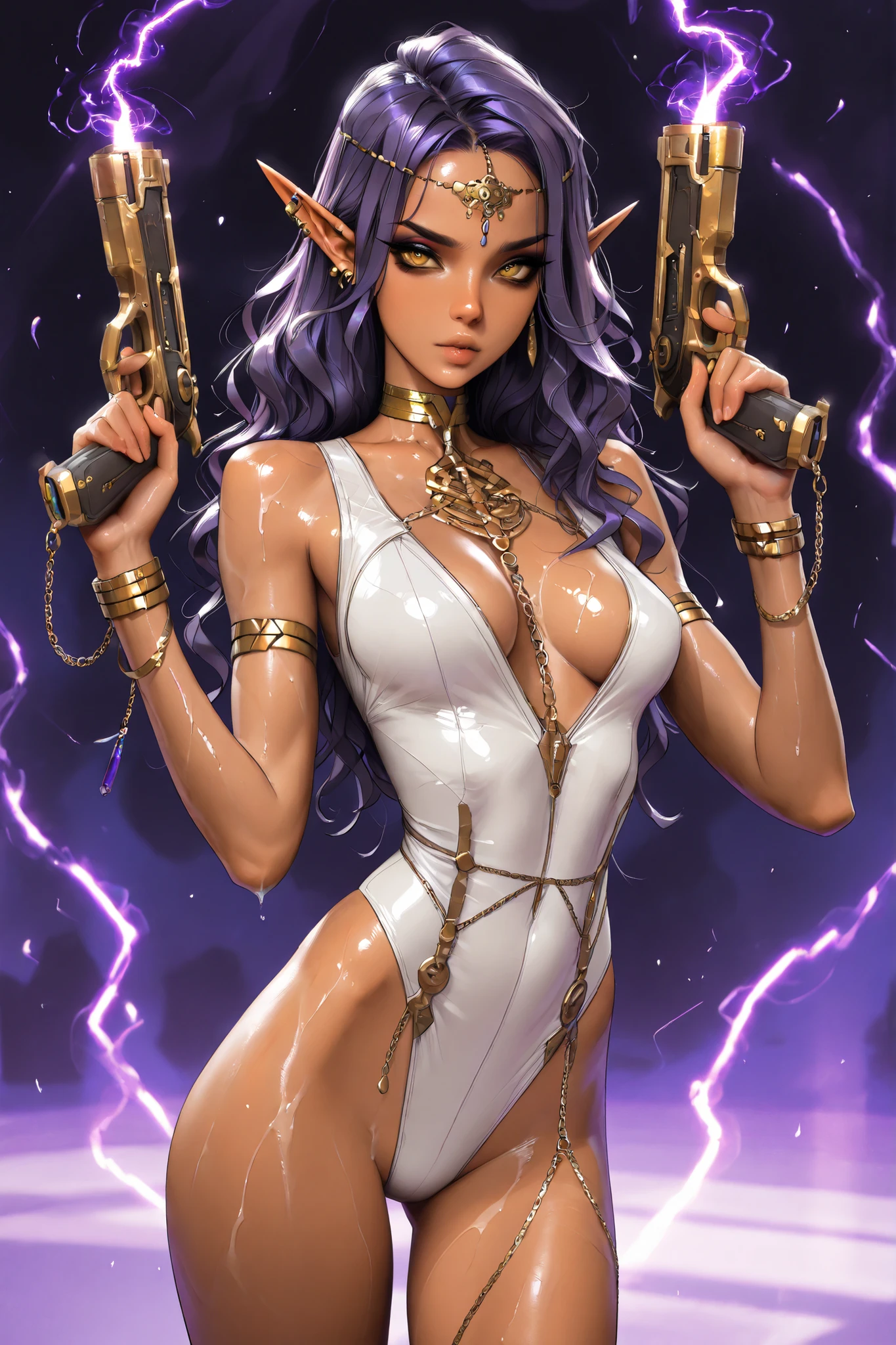 Expressiveh, masterpiece, best quality, very aesthetic, movie quality, depth of field,soft saturation, focused subject, ,official style, shiny skin, long dark purple hair, elf ears, curly hair, , yellow eyes, gold eyeshadow, (dark-skinned female
), athletic body, shirow masamune, sam yang, oily skin, medium breasts, fluids on skin, trendy clothes, streamer, thot, wavy hair,, (slender body, very skinny), sexy leotard bodysuit, gold choker, gold jewelry, (magic pistol), detailed eyeliner, head chain, elf ear piercings, chains from ears, slutty pose, gold eyeshadow, gold rings, holding space pistol, white body markings