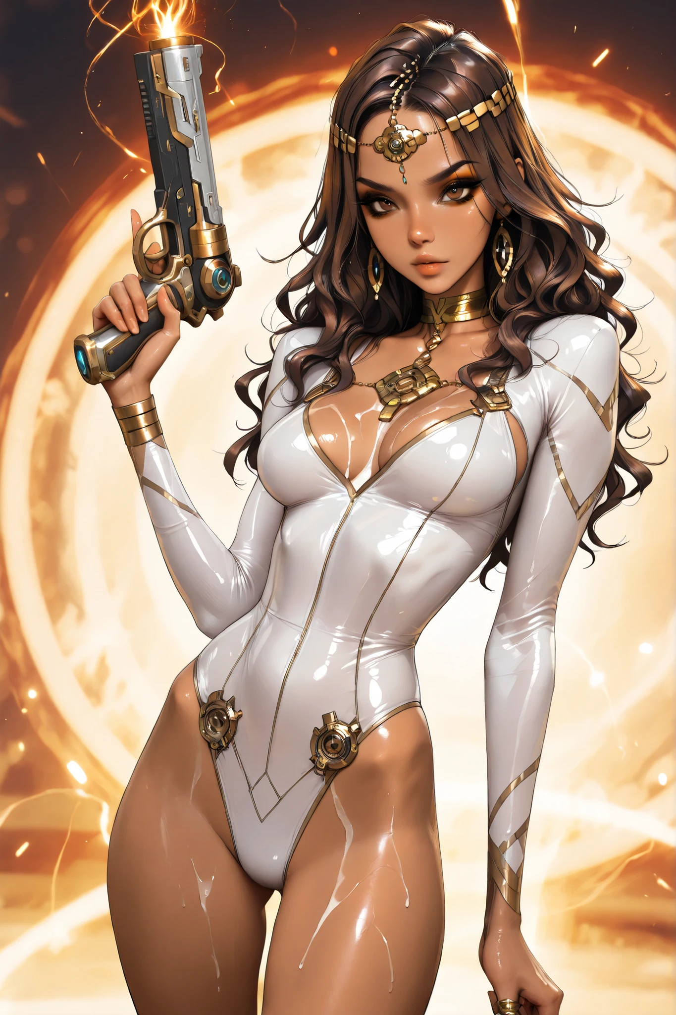 Expressiveh, masterpiece, best quality, very aesthetic, movie quality, depth of field,soft saturation, focused subject, ,official style, shiny skin, long dark brown hair, curly hair, , brown eyes, gold eyeshadow, (dark-skinned female
), athletic body, shirow masamune, sam yang, oily skin, medium breasts, fluids on skin, trendy clothes, streamer, thot, wavy hair,, (slender body, very skinny), sexy leotard bodysuit, gold choker, gold jewelry, (magic pistol), detailed eyeliner, head chain, , slutty pose, gold eyeshadow, gold rings, holding space pistol, white body markings