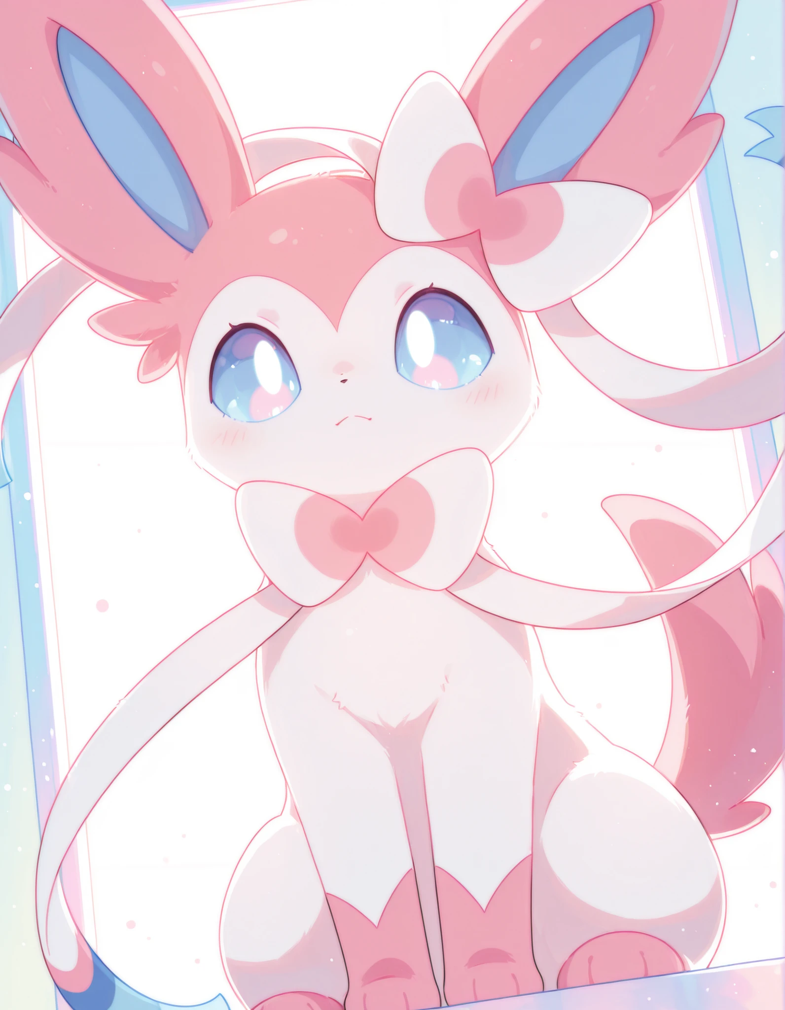 pearlykf, pokemon (creature), furry female masterpiece, highres, best quality, highly detailed, (lineless:1.2), BREAK 1girl, detailed face, cinematic angle, solo, BREAK cute, adorable, feral, petite, sylveon, pastel_colors,