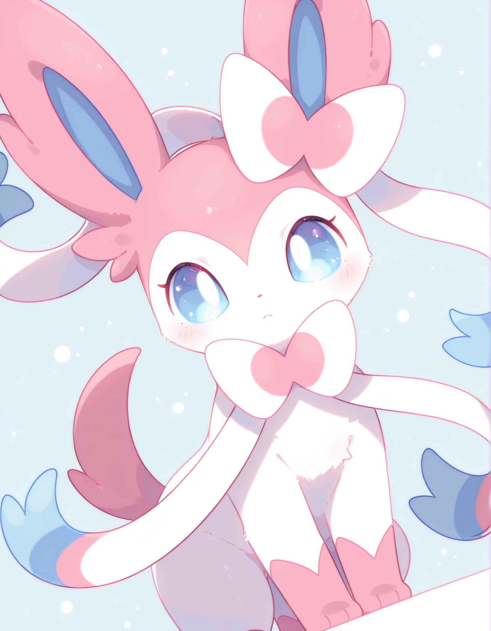 pearlykf, pokemon (creature), furry female masterpiece, highres, best quality, highly detailed, (lineless:1.2), BREAK 1girl, detailed face, cinematic angle, solo, BREAK cute, adorable, feral, petite, sylveon, pastel_colors,