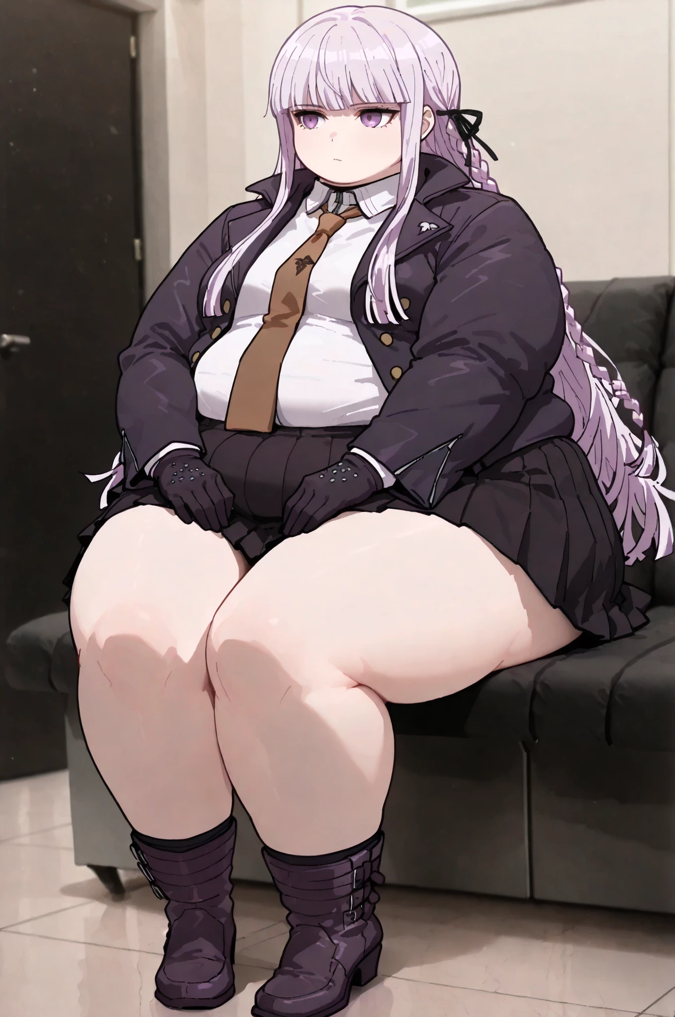 masterpiece, best quality,1girl, solo, kyouko kirigiri, long hair, bangs, ribbon, purple eyes, hair ribbon, purple hair, braid, single braid, side braid,,skirt, shirt, gloves, long sleeves, jacket, white shirt, pleated skirt, open clothes, necktie, collared shirt, black skirt, open jacket, black jacket, black ribbon, brown necktie,, full body, indoors, sitting, obese