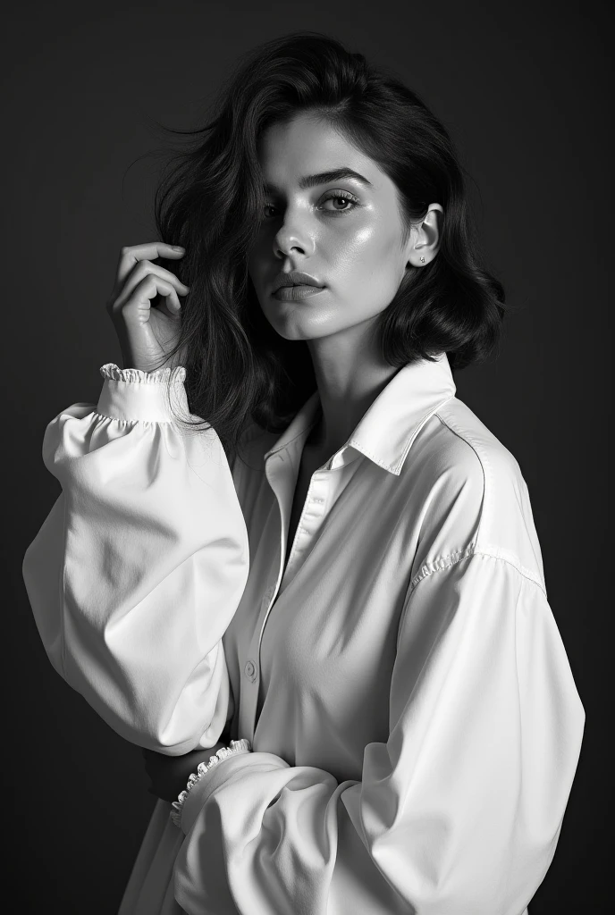 (dark mood masterpiece Photography by Mario Giacomelli:1.2), evil slavic woman, pale skin, long dark blond hair, Stunning b&w 35mm full body photo of a beautiful, perfecteyes, dark circles under eyes, highly detailed skin, (lightest freckles:0.9), standing in a casual pose with her hands on her . wearing (wide-open:1.34) white_silk_shirt. unbuttoned shirt. (nipslip:1.4). a loose-fitting oversized men's unbuttoned shirt, open white business shirt. intricate poses by ruth bernhard. (Photography and style by ruth bernhard). 35mm, Hasselblad. capturing fashion-forward visuals, creating visual impact,evoking emotion,pushing creative boundaries. golden hour, shot from the side, playful pose, god rays,artistic photoshoot