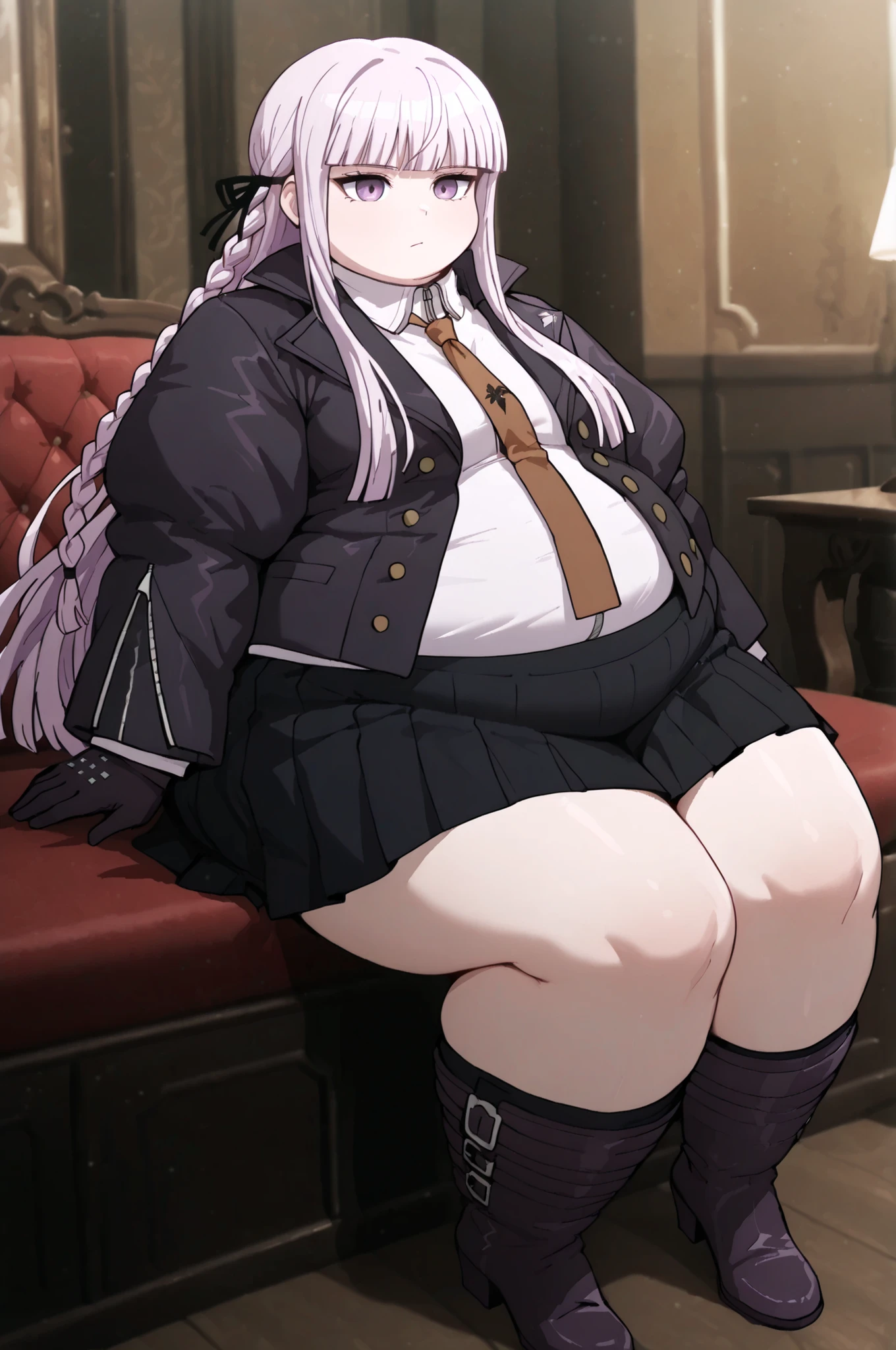 masterpiece, best quality,1girl, solo, kyouko kirigiri, long hair, bangs, ribbon, purple eyes, hair ribbon, purple hair, braid, single braid, side braid,,skirt, shirt, gloves, long sleeves, jacket, white shirt, pleated skirt, open clothes, necktie, collared shirt, black skirt, open jacket, black jacket, black ribbon, brown necktie,, full body, indoors, sitting, obese