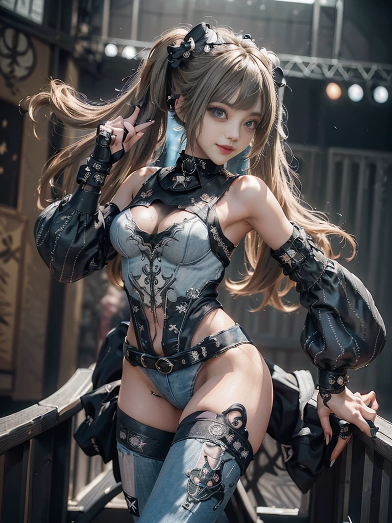 (Full Body View:1.4)、(Side view:1.2)、(Smiling with teeth showing:1.3),(Shibuya Gal:1.5)、(Gothic Lolita style fashion:1.5)、(Punk RockVisual Kei:1.5)、(Wearing a rhythmic gymnastics  with intricate details:1.4)、(Cloak de cour with delicate decorations in white, denim and turquoise:1.5)、(Denim with turquoise and white boots:1.3)、((belt))、(Numerous delicate logo marks all over the costume:1.4)、(collar:1.3)、(Striped :1.5)、30 years old、NSFW、((Highest quality、In 8K、masterpiece:1.3))、Sharp focus:1.2、(Layered Cut、Beautiful :1.1),Beautiful woman with perfect figure:1.4、(Doing an aerobics pose:1.3)、Slender Abs:1.2、Highly detailed face and skin texture、Detailed eyes、double eyelid,(Twin tails:1.3)、(Brown-golden hair:1.3)、Gravure idol、(The background is the stage of the fashion show:1.3)、(Slim body:1.3),(Make your legs thinner:1.4),（clavicle:1.1）、(Thin thighs:1.2)