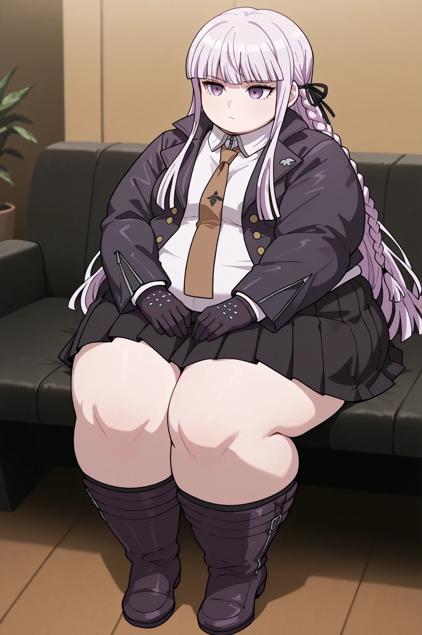 masterpiece, best quality,1girl, solo, kyouko kirigiri, long hair, bangs, ribbon, purple eyes, hair ribbon, purple hair, braid, single braid, side braid,,skirt, shirt, gloves, long sleeves, jacket, white shirt, pleated skirt, open clothes, necktie, collared shirt, black skirt, open jacket, black jacket, black ribbon, brown necktie,, full body, indoors, sitting, obese