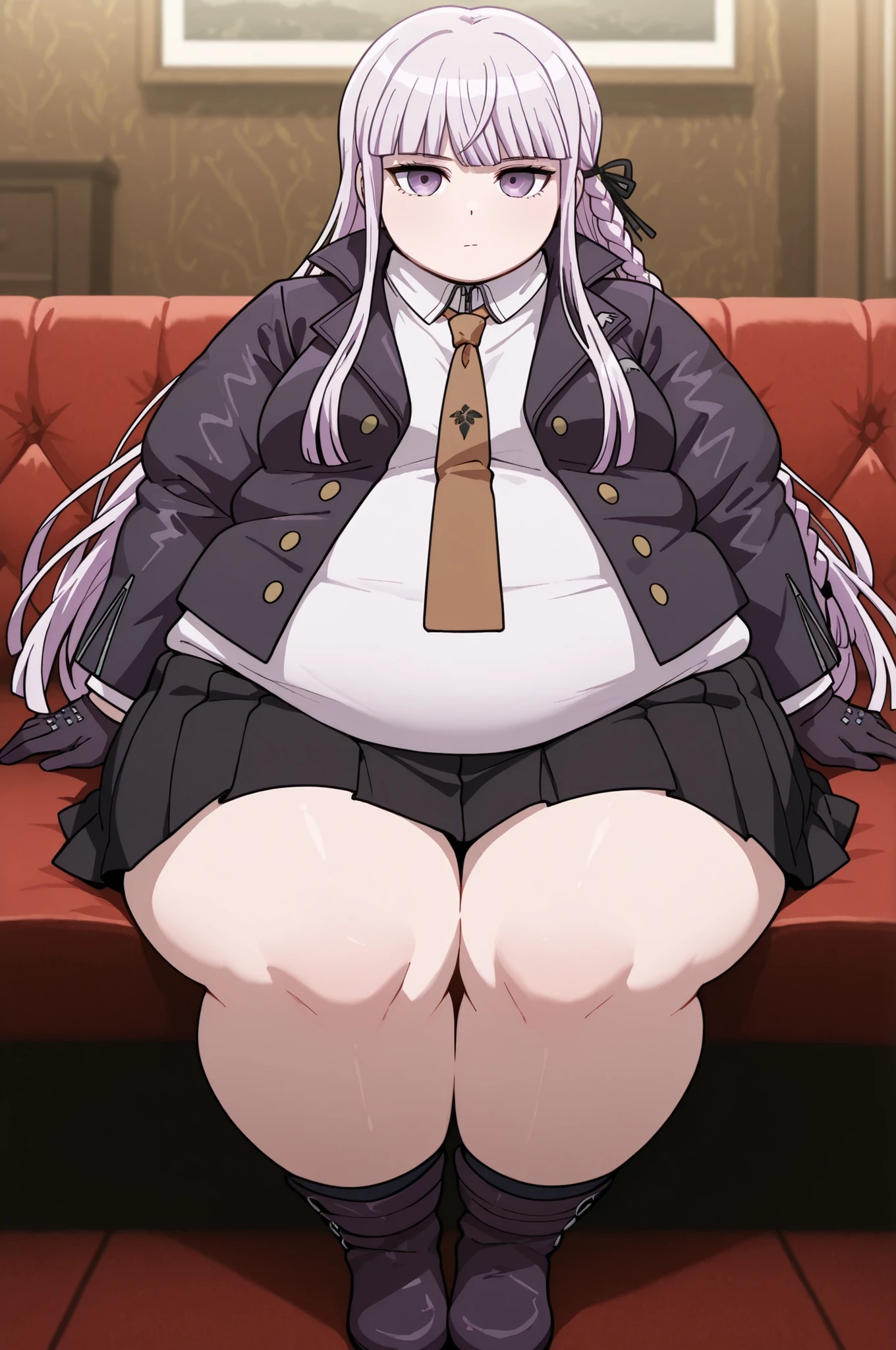 masterpiece, best quality,1girl, solo, kyouko kirigiri, long hair, bangs, ribbon, purple eyes, hair ribbon, purple hair, braid, single braid, side braid,,skirt, shirt, gloves, long sleeves, jacket, white shirt, pleated skirt, open clothes, necktie, collared shirt, black skirt, open jacket, black jacket, black ribbon, brown necktie,, full body, indoors, sitting, obese