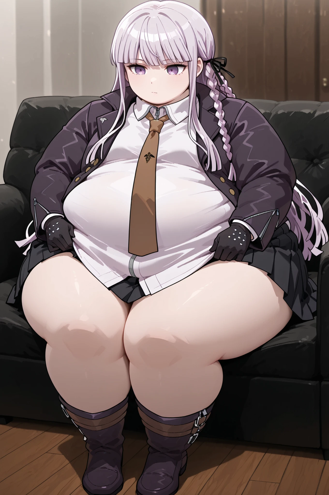 masterpiece, best quality,1girl, solo, kyouko kirigiri, long hair, bangs, ribbon, purple eyes, hair ribbon, purple hair, braid, single braid, side braid,,skirt, shirt, gloves, long sleeves, jacket, white shirt, pleated skirt, open clothes, necktie, collared shirt, black skirt, open jacket, black jacket, black ribbon, brown necktie,, full body, indoors, sitting, obese