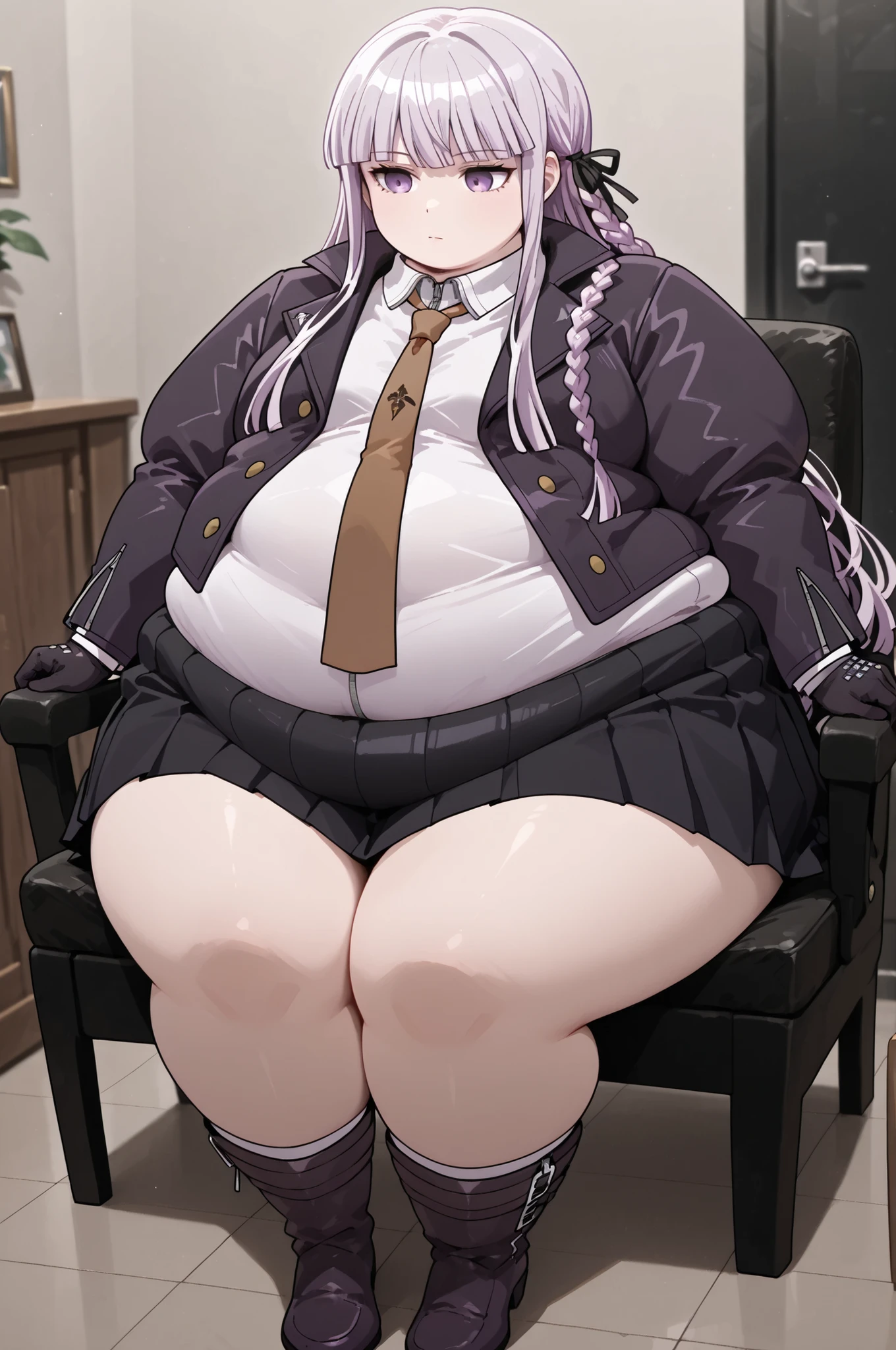 masterpiece, best quality,1girl, solo, kyouko kirigiri, long hair, bangs, ribbon, purple eyes, hair ribbon, purple hair, braid, single braid, side braid,,skirt, shirt, gloves, long sleeves, jacket, white shirt, pleated skirt, open clothes, necktie, collared shirt, black skirt, open jacket, black jacket, black ribbon, brown necktie,, full body, indoors, sitting, obese