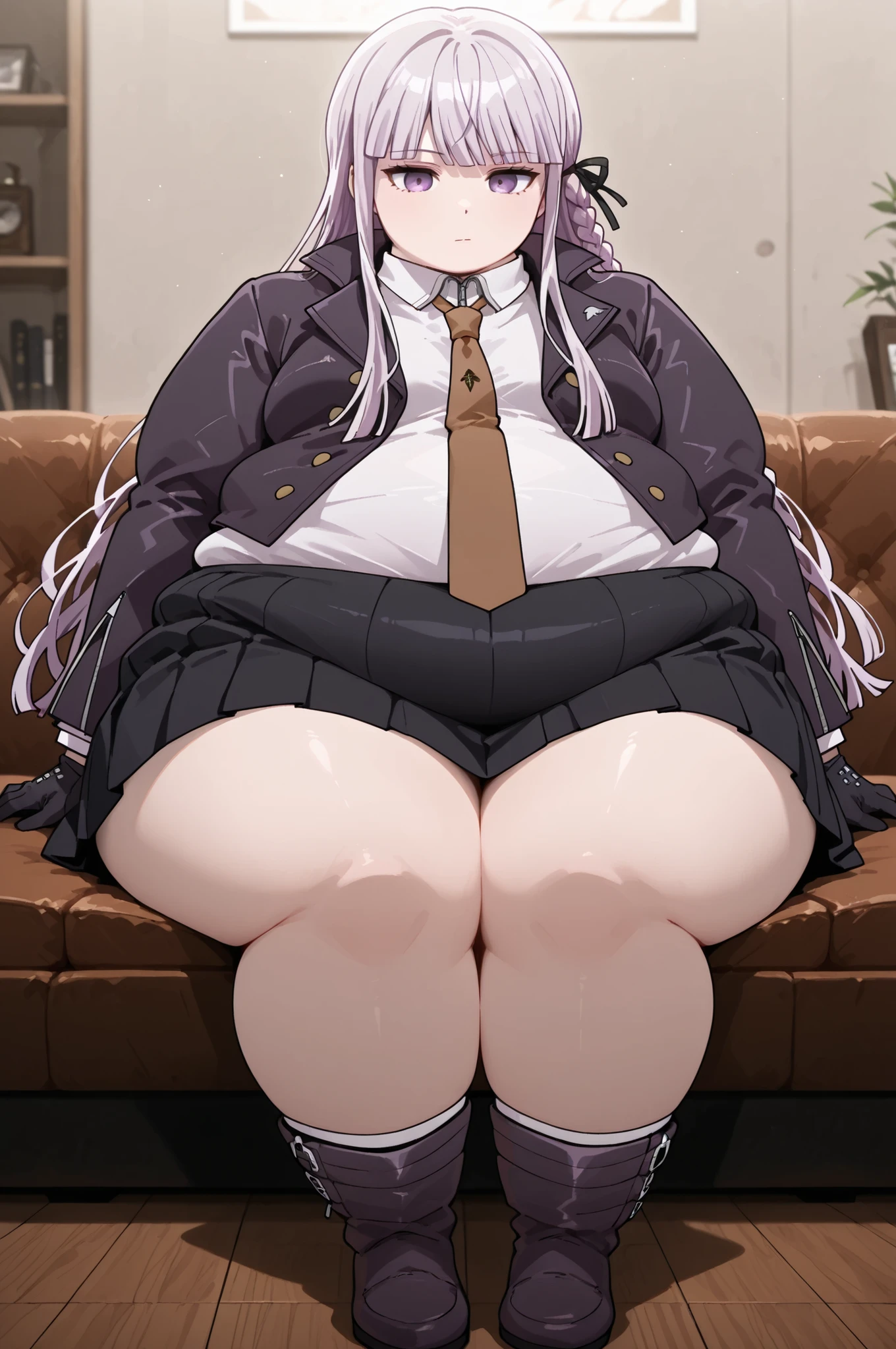 masterpiece, best quality,1girl, solo, kyouko kirigiri, long hair, bangs, ribbon, purple eyes, hair ribbon, purple hair, braid, single braid, side braid,,skirt, shirt, gloves, long sleeves, jacket, white shirt, pleated skirt, open clothes, necktie, collared shirt, black skirt, open jacket, black jacket, black ribbon, brown necktie,, full body, indoors, sitting, obese