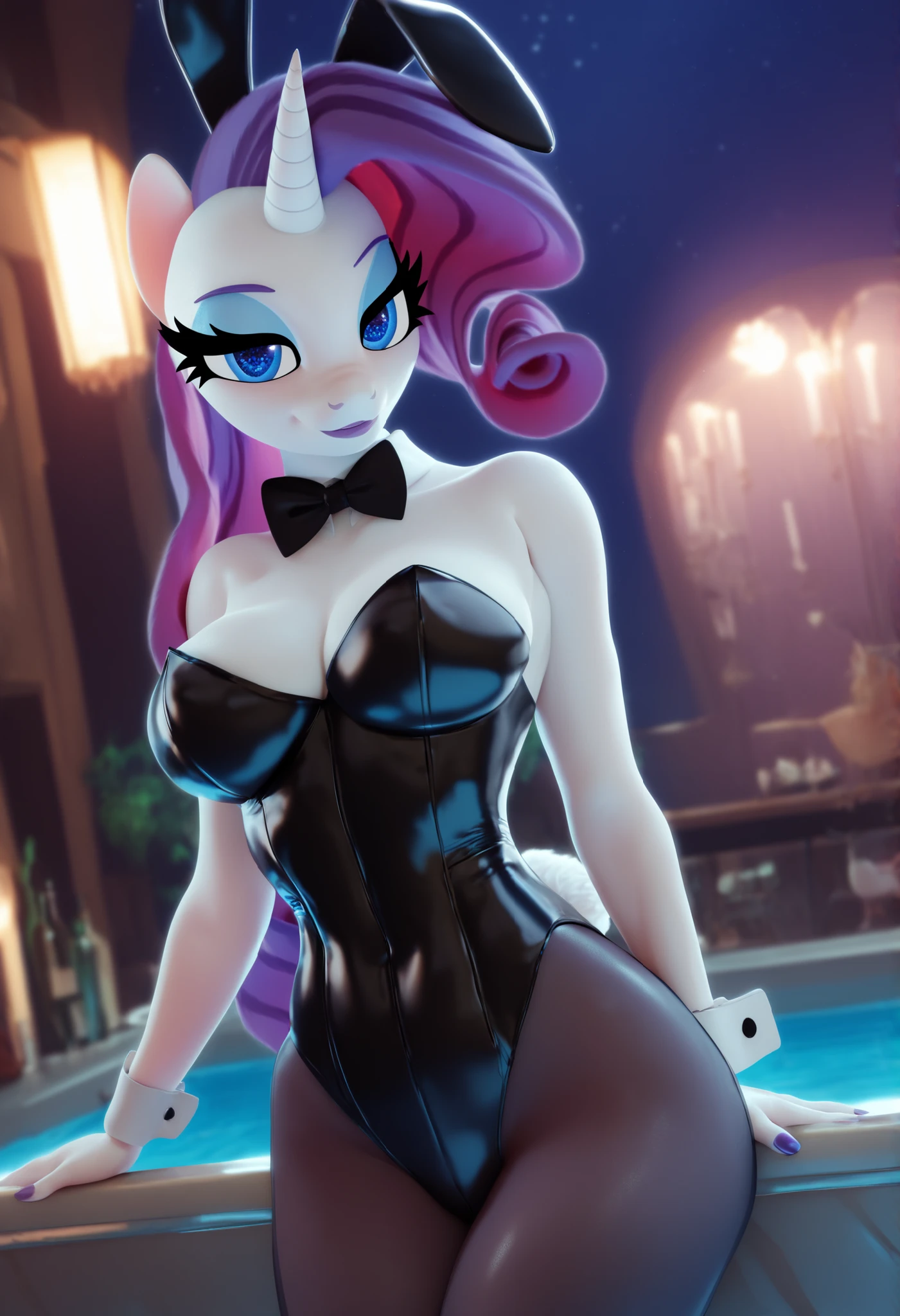 [(Score_9, score_8_up, score_7_up, score_6_up, score_5_up, score_4_up)], [(best quality, masterpiece, high res, 32k), (night, softlight, poolside bar)]. [((Rarity, anthropomorphic)), (playboy  suit:  ears, opaque black tights, black ), (( hourglass figure)), (Beautiful Woman, vibrant eyes), (Slim figure, baby face, beautiful face, beautiful eyes, beautiful legs, realistic skins)].