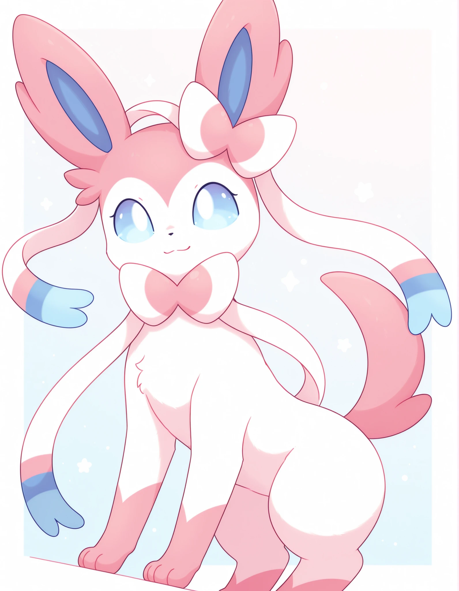 pearlykf, pokemon (creature), furry female masterpiece, highres, best quality, highly detailed, (lineless:1.2), BREAK 1girl, detailed face, cinematic angle, solo, BREAK cute, adorable, feral, petite, sylveon, pastel_colors,