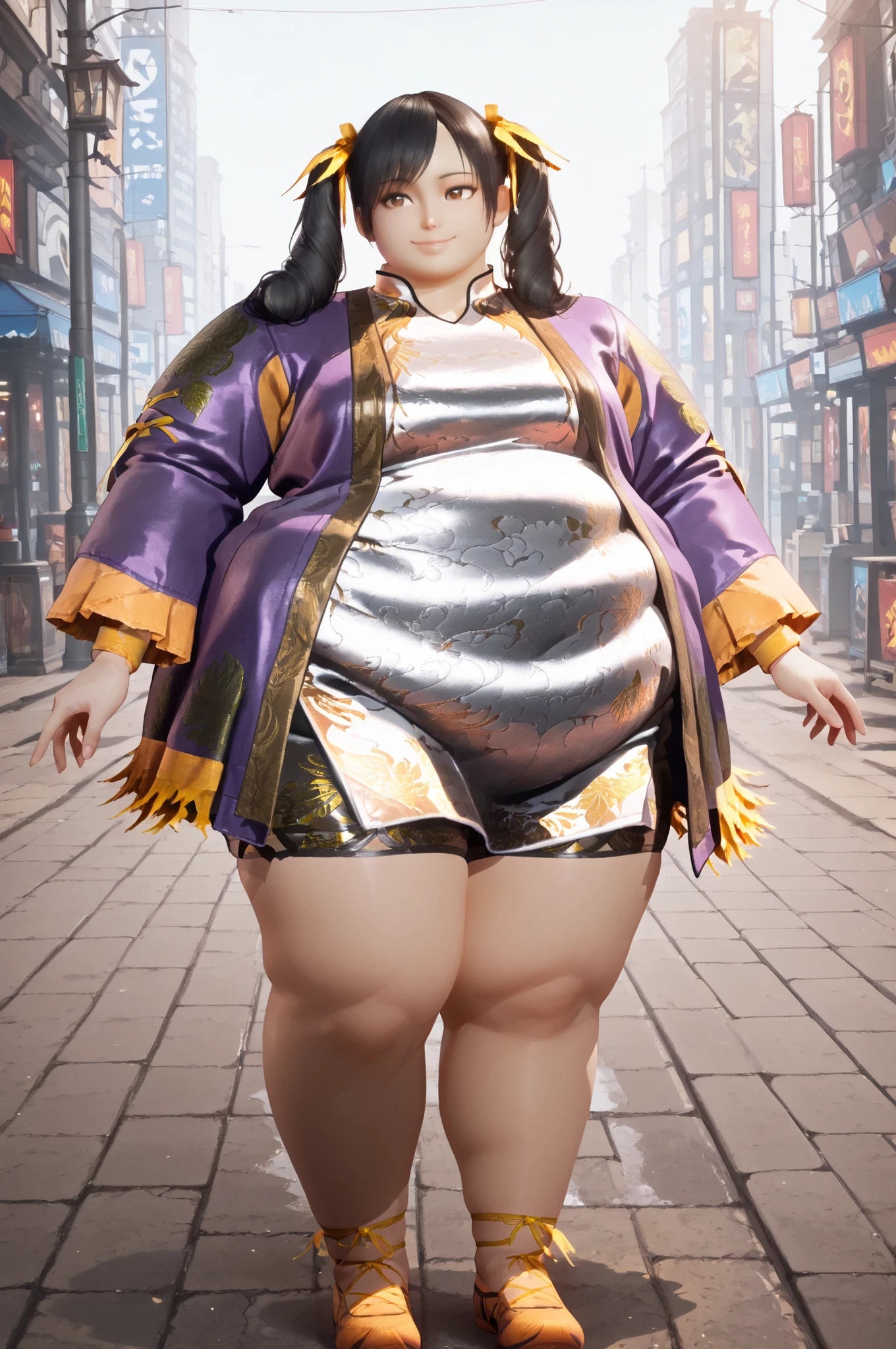 masterpiece, best quality, 1girl, solo,Ling Xiaoyu, long hair, black hair, twin tails, brown eyes, Asian, shirt, long sleeves, hair ornament, ribbon, hair ribbon, open clothes, shorts, open jacket,purple jacket, black shorts, Chinese clothes, short dress, bike shorts, China dress, yellow ribbon, full body, hyper obese, outdoors, smile, streets,