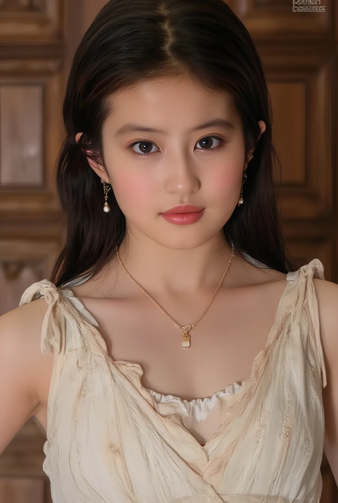 ((((upper body shot)))),((())),((())),(((sagging breasts))),Ultra-high resolution,big eyes,Japanese,(forehead),(a girl),(1 girl),(baby face),((lolita)),((13 years old)),((cute)),pretty,earring,((facing at viewer)),(long hair),necklace,((facing front))