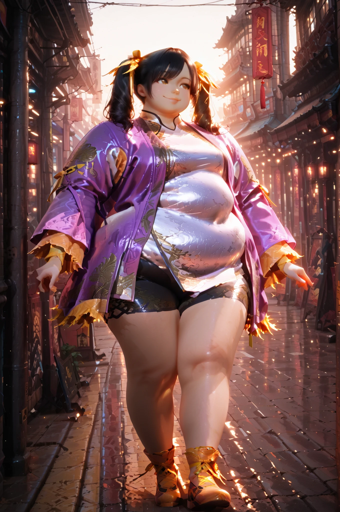 masterpiece, best quality, 1girl, solo,Ling Xiaoyu, long hair, black hair, twin tails, brown eyes, Asian, shirt, long sleeves, hair ornament, ribbon, hair ribbon, open clothes, shorts, open jacket,purple jacket, black shorts, Chinese clothes, short dress, bike shorts, China dress, yellow ribbon, full body, hyper obese, outdoors, smile, streets,