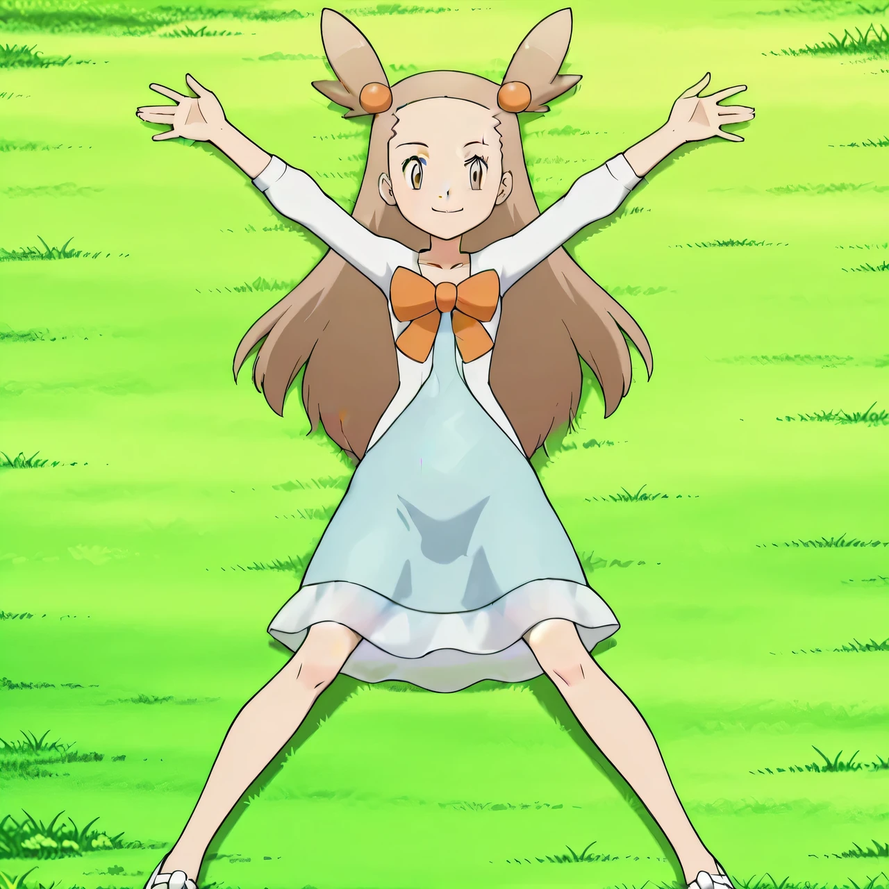 zzJasmine, brown eyes, hair bobbles, hair ornament, light brown hair, two side up, long hair, forehead, white cardigan, green dress, orange bow, sleeves past elbows, anime screencap, high quality, solo, lying, on back, arms up, spread legs, closed mouth, grass, full body, looking at viewer, overhead view, smile, best quality,