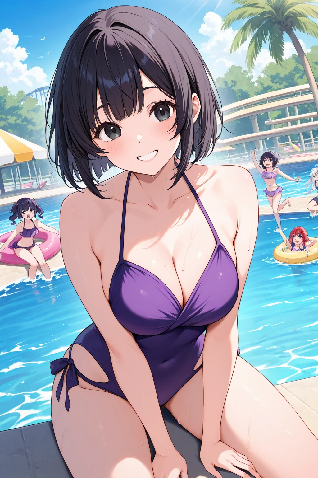 A woman is riding on her back on a large float、Water park pool、mayahell,She's wearing a purple swimsuit、she has dark hair、She has dark eyes 、She's bob cut、smile