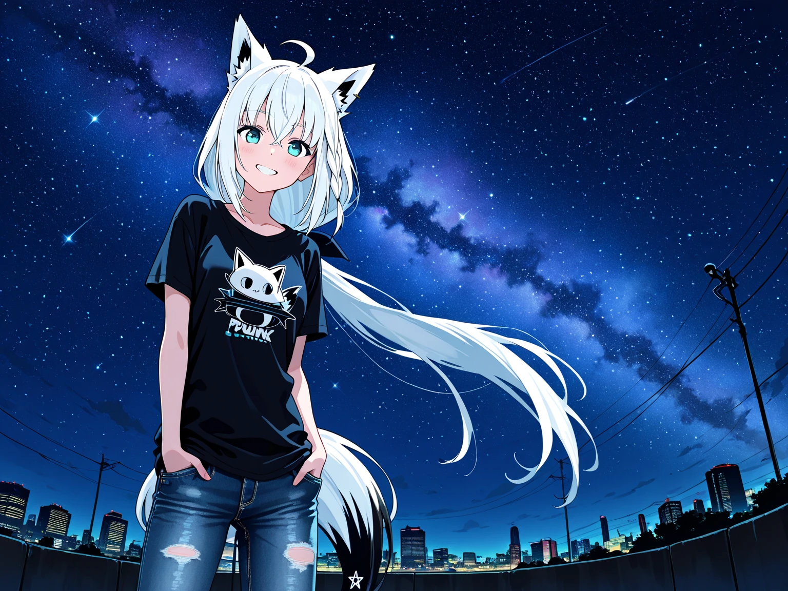 a cute adult male with wolf ears, long white hair, long locks, has a wolf tail, wearing a loose cropped black hoodie, wearing a pair of denim short shorts and fishnet stockings, thick thighs, wide hips, relaxing on mound of fluffy multi colored kawaii plushies, short, very slim, showing slender tummy, heart on hoodie, squishy thighs, has glowing blue eyes. alone, solo (ALONE)(SOLO), surrounded by rainbows, colorful galaxy backround