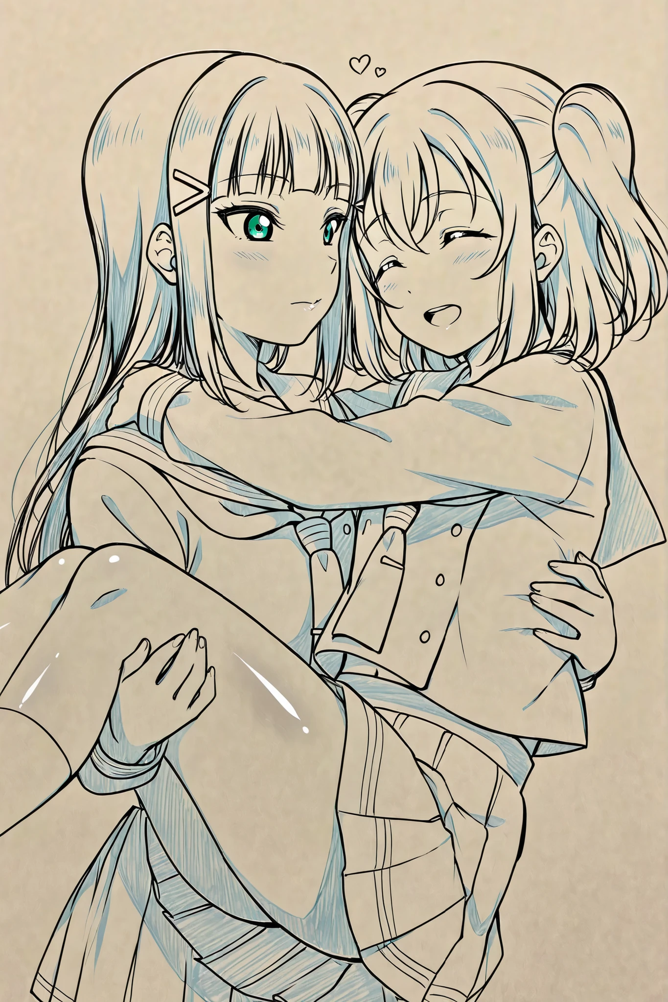 ,Love live, love live official artwork,shiny skin, sheer fabrics, Kurosawa dia, Kurosawa ruby, school uniform,yuri,princess carry, upper body ,hug, midriff peek