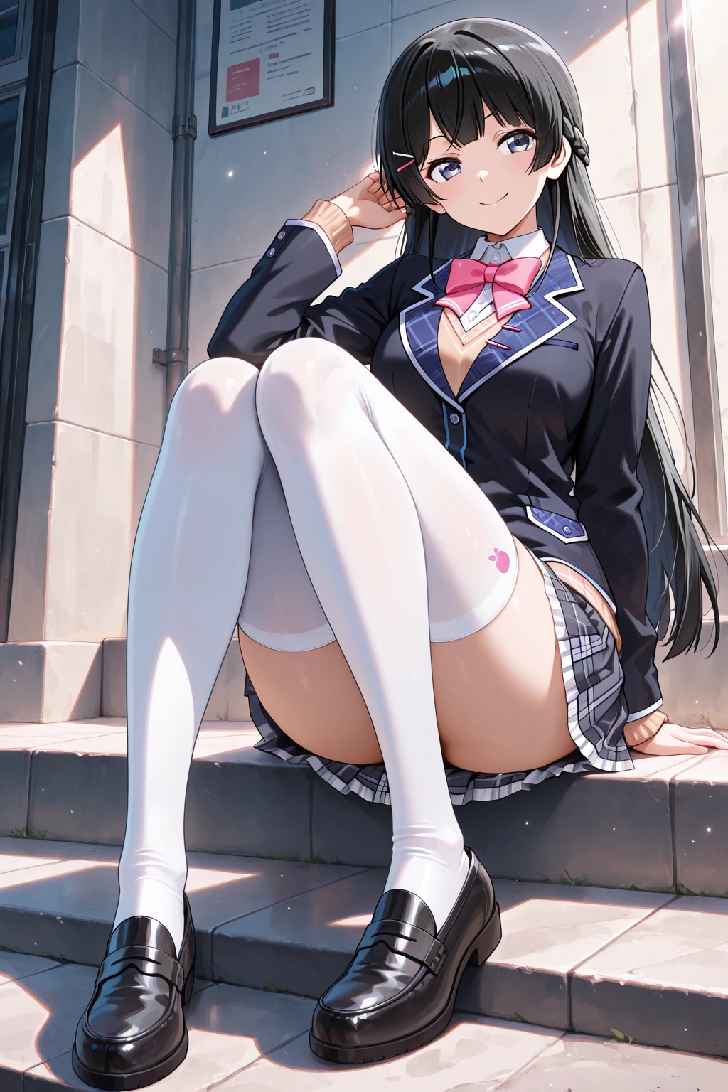 ((masterpiece, best quality)), 1girl, beautiful detailed eyes, ruby eyes, school uniform, skirt, vivid, flower, daffodil, hyacinth, falling petals, high black stocking