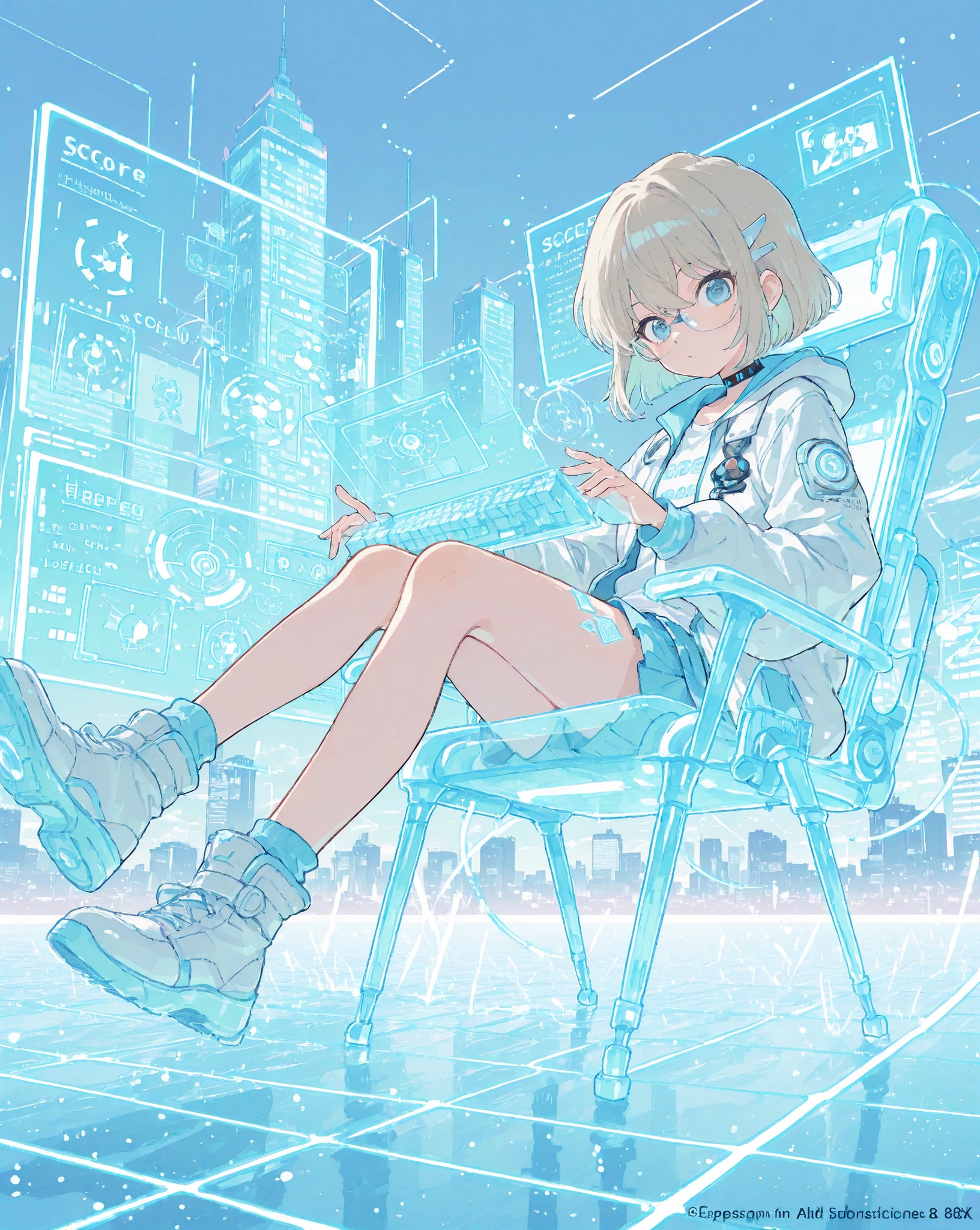 long shot, score_9, score_8_up, score_7_up, (rating_safe), source_anime, 1girl, Ai Haibara from Detective Conan, reimagined as a busty cyberpunk hacker in an 8K anime-style wide-angle long shot. Composition follows a Fibonacci spiral guiding the viewer’s eye from the glowing neon city skyline through drifting holographic data streams to her seated form. She sits in a transparent chair at a multi-console workstation, slender fingers typing across several sleek laptops and mechanical keyboards, each screen alive with cascading multicolored code. Her ultra-beautiful anime visage with large expressive eyes and flowing silken hair rests at the spiral’s focal point. Surround her with glowing grid floors, neon data spires, floating transparent holographic displays, and drifting neon particles. Emphasize crisp cel-shaded colors, precise linework, dynamic rim lighting accentuating her silhouette and the transparent chair, and deep depth of field. Render as 8K SDXL anime-style studio-quality character-environment concept art.  

