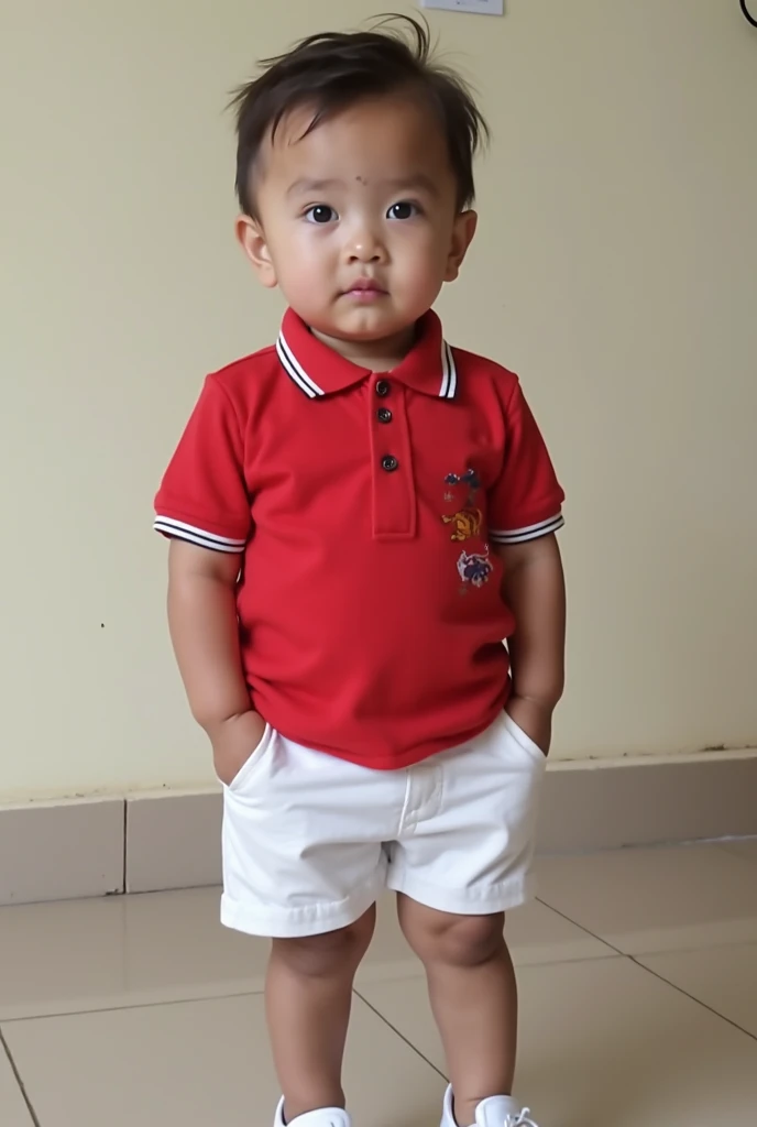 ndonesian toddler boy photography, , wearing trendy blue uniform and trendy shoes, very detailed, balanced lighting, Fujifilm mix tone, retro stile,10k