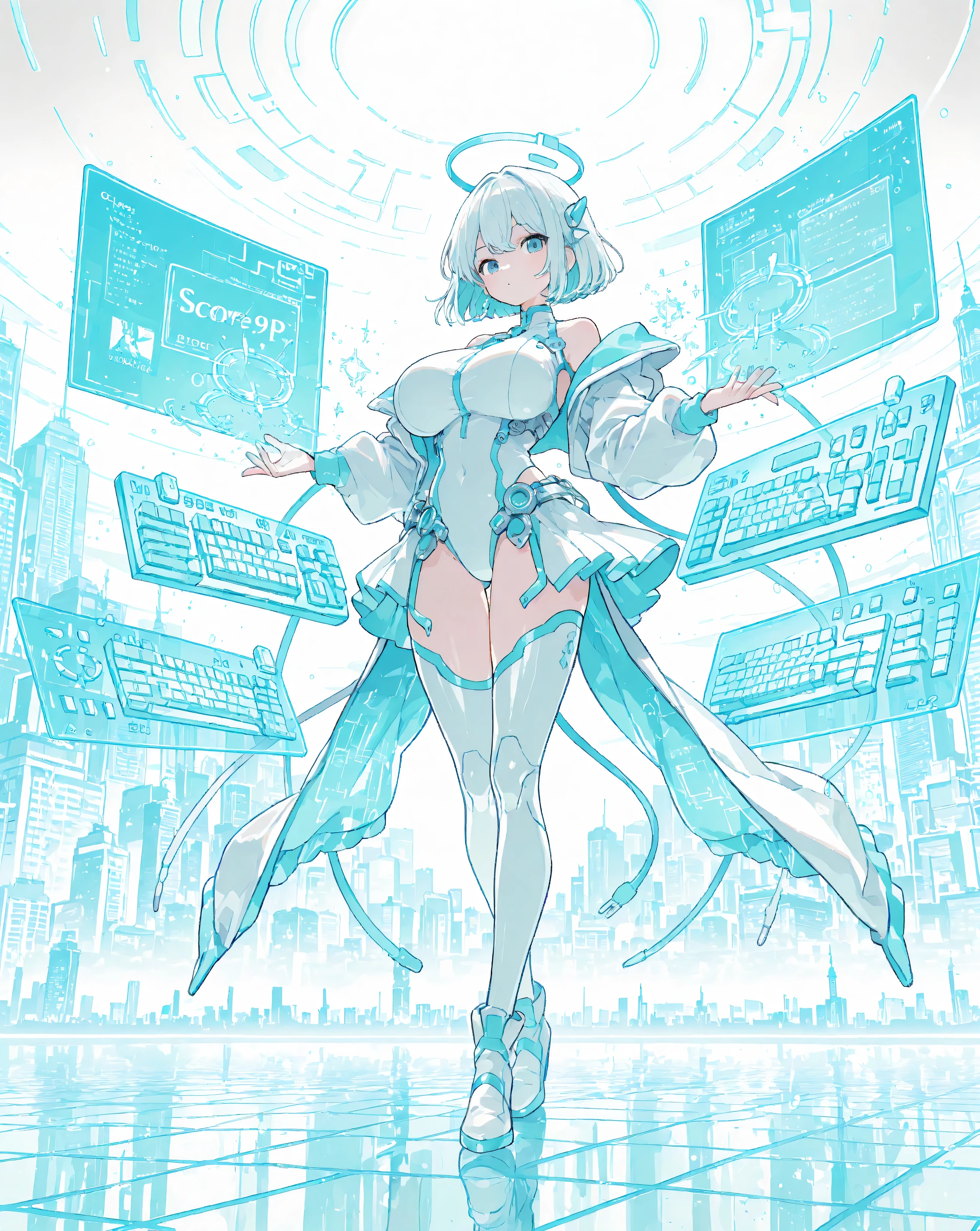 long shot, score_9, score_8_up, score_7_up, (rating_safe), source_anime, 1girl, ultra  , Ai_Haibara from Detective Conan as a cyberpunk female hacker in a wide-angle long shot, centered within an expansive neon-lit virtual city. She stands at a multi-console workstation surrounded by floating transparent holographic displays and several sleek laptops and mechanical keyboards. Her slender fingers dance across multiple keyboards simultaneously, each screen alight with cascading multicolored code streams, real-time network schematics, and drifting neon data particles. The glowing grid floor and towering neon data spires frame her figure, blending into a dark digital skyline. Composition balances character and environment, with crisp cel-shaded color, sharp linework, dynamic rim lighting accentuating her silhouette and hardware details, and deep depth of field. Render as 8K SDXL anime-style studio-quality character-environment concept art.  break , siting on Transparent chair