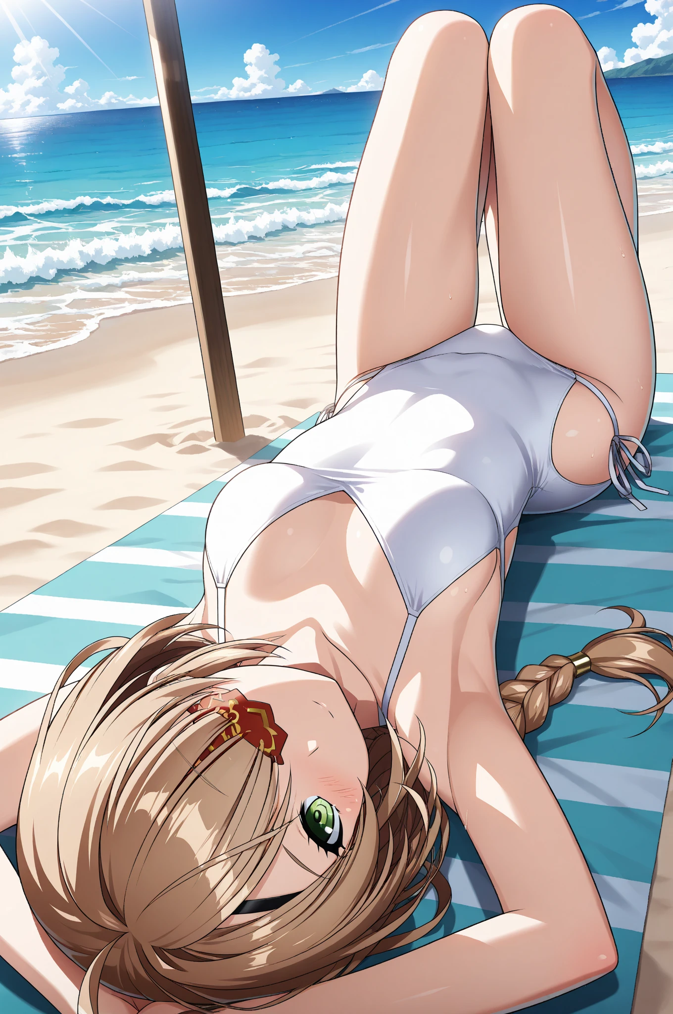 score_9, score_8_up, score_7_up, source_anime, school girl, Mikuru, brown eyes, ginger hair color, long hair, ,  , <lora:Mikuru_Asahina_SDXL:1>, on towel, lay stomach, , sleeping, hands under head, , closed mouth, closed eyes,snoring, from above, background beach, sunny weather, soft light, shadows, masterpiece, 4k, best quality