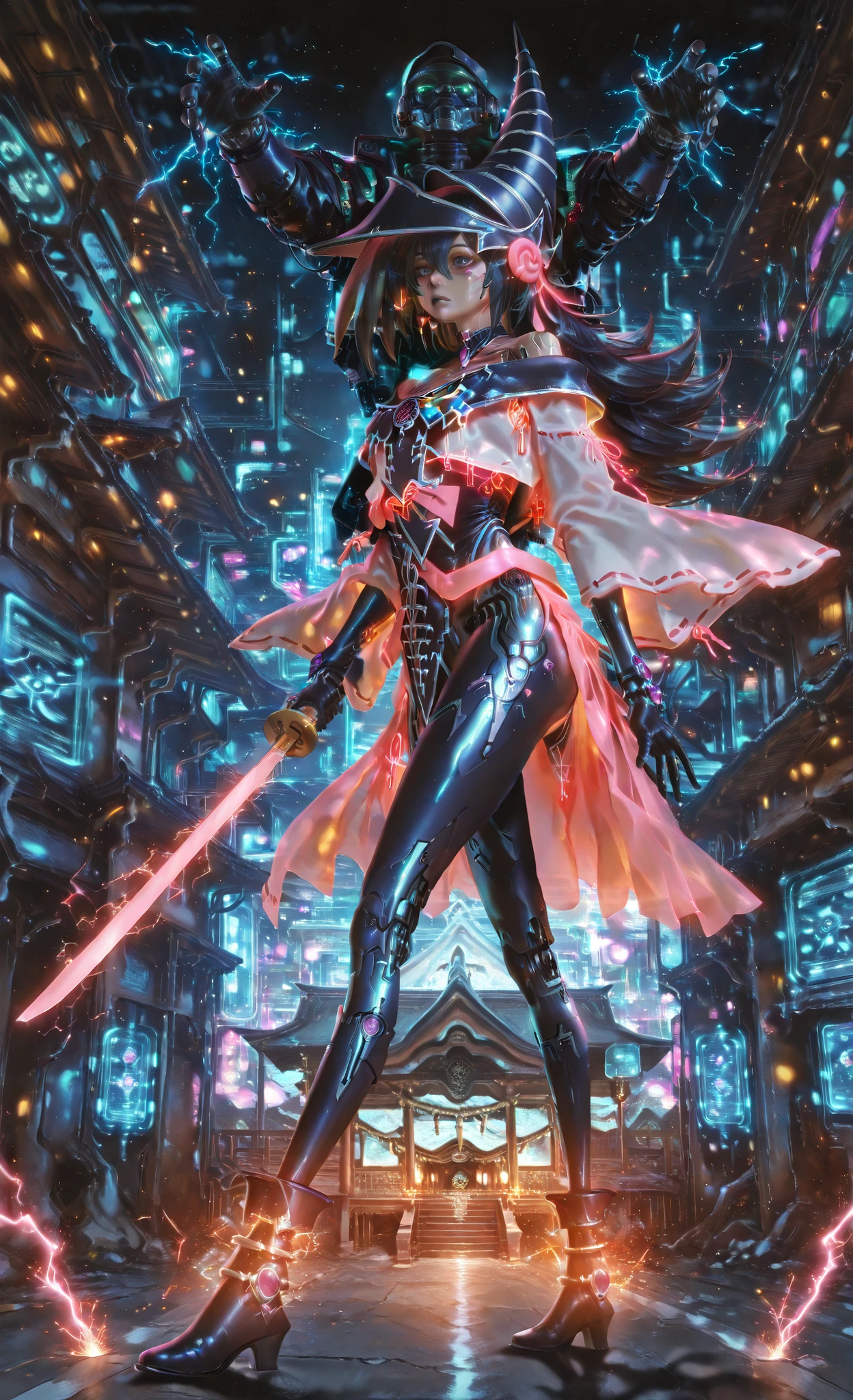 Darck magician girls, colorful,electricity,auralora,sparks,cyberpunk style, mad-neonbody, 748cmstyle, anime girl, Anime girl, Full body, perfect hands according to , 5 fingers, perfect legs according to , 2 legs, realistic shadow quality, realistic reflection quality, Realistic light quality, masterpiece, High Quality, High Quality, very aesthetic, Newest, Detailed Scenery, Low angle shot looking at a android girl with twin-tailed black hair, wearing a Miko (Shrine Maiden) costume, her arms and legs have sci-fi cyberpunk style, holding a glowing pink sci-fi cyberpunk katana sword, in a fighting stance, the background is a sci-fi cyberpunk Japanese shrine In the future world,