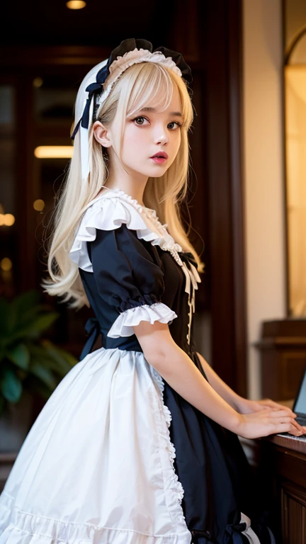 a beautiful girl,blonde pigtail hair,looking at the viewer,standing,(Very Detailed: 1.3),ultra realistic,HDR,(High Dynamic Range),8K RAW,(((1GIRL))),(((wearing maid dress))),(((black background))),masterpiece,best quality,perfect proportions
